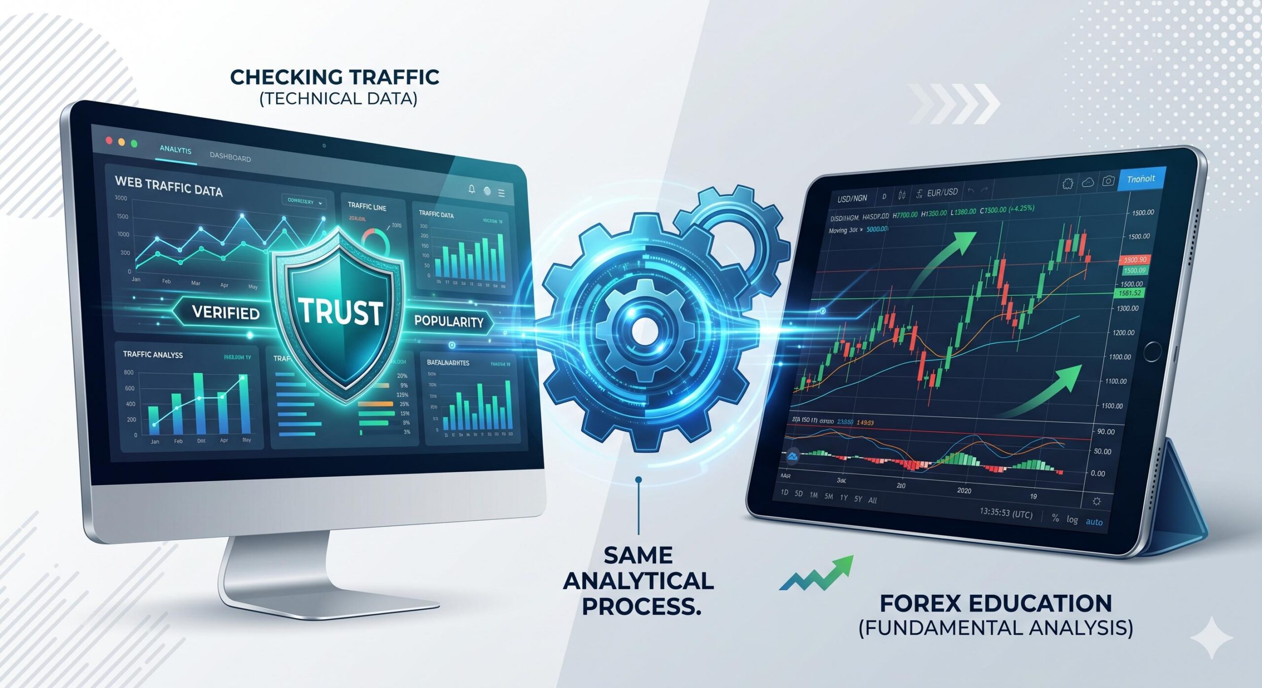 Concept illustration linking web traffic analysis graphs to financial currency trading charts. (1)