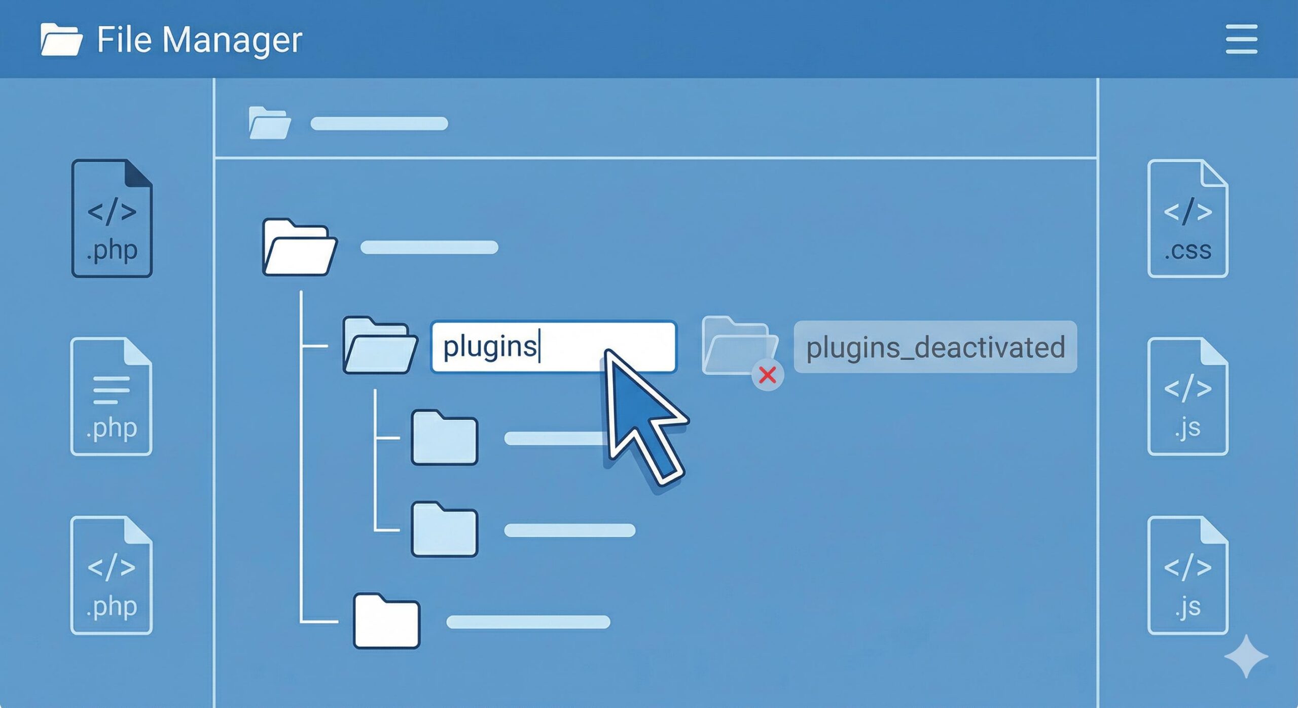 Concept illustration of renaming the WordPress plugins folder within a File Manager.