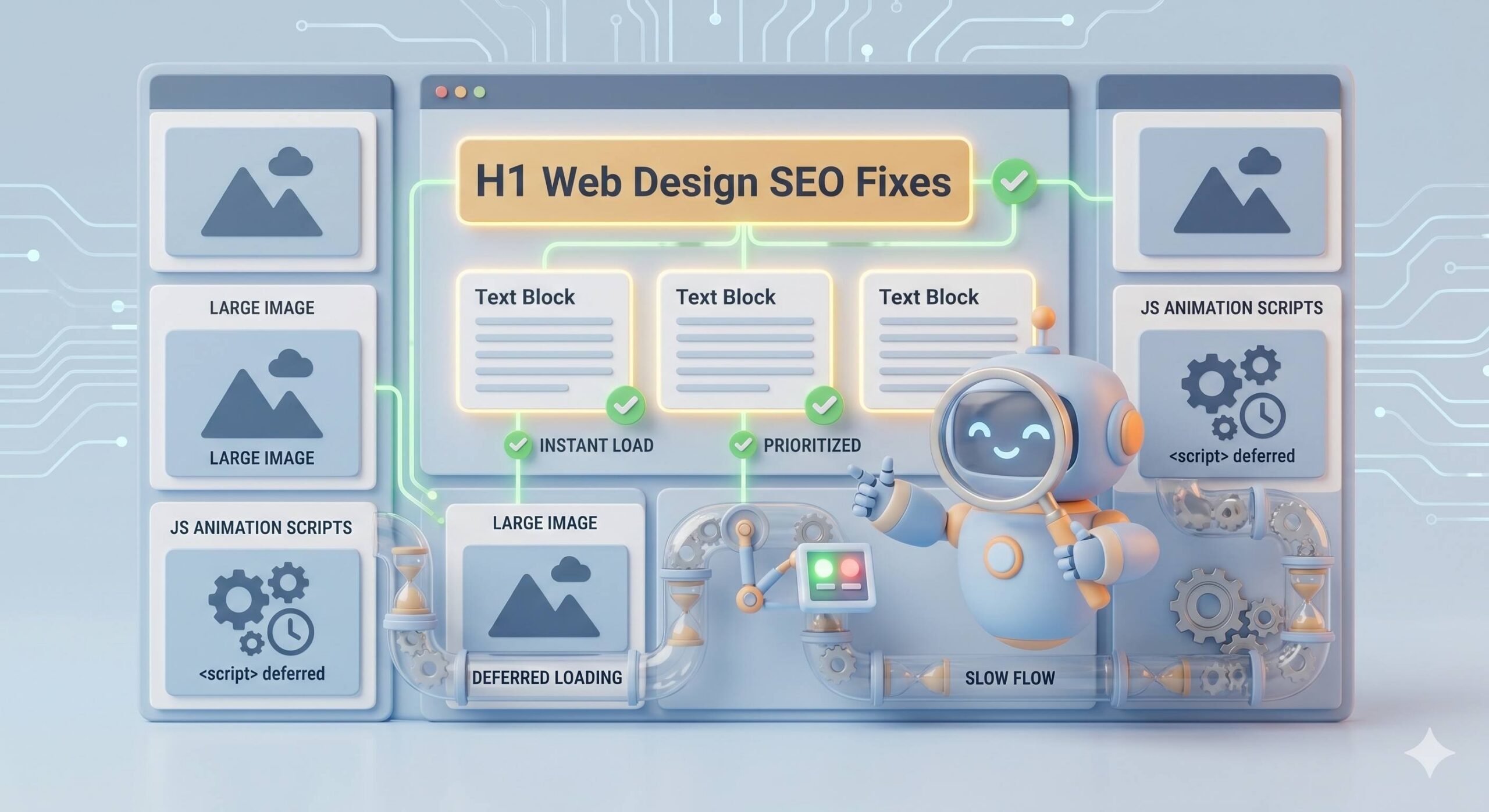 Conceptual 3D illustration of a search robot actively prioritizing core content loading over deferred heavy visual elements for web design SEO speed optimization.