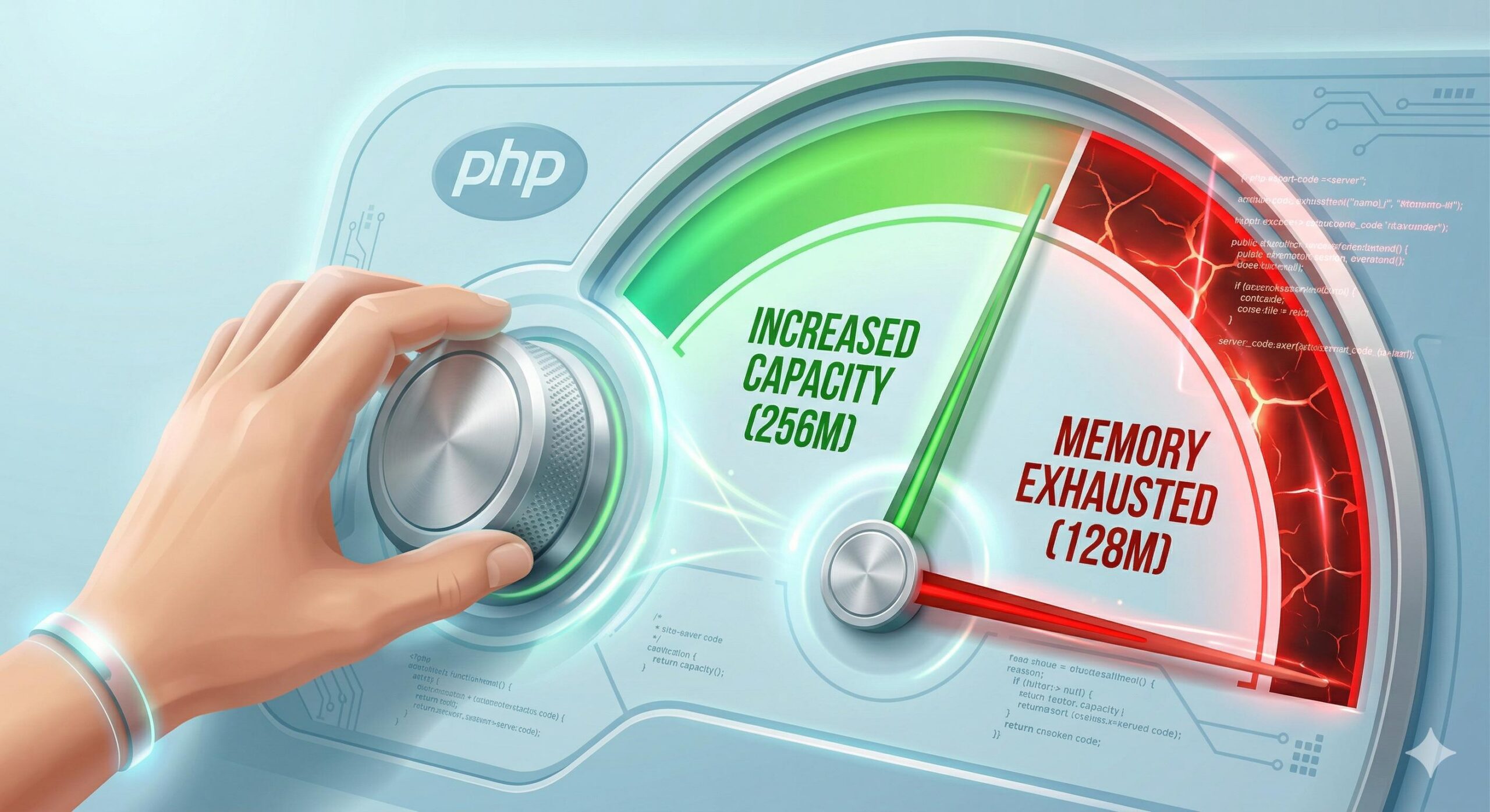 Conceptual gauge showing an overloaded PHP memory limit changing to a safe green zone.