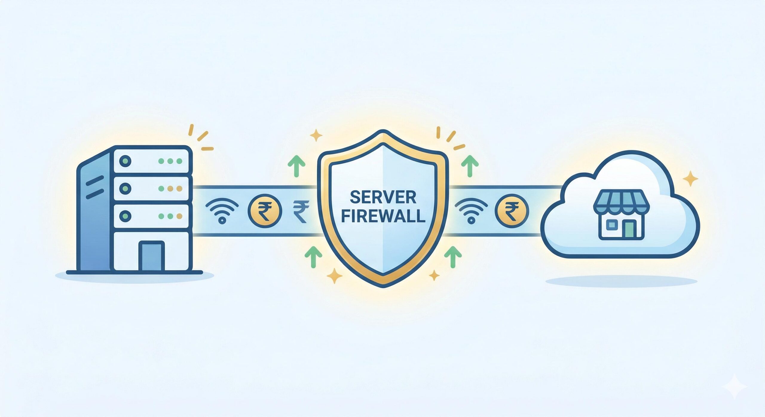 Conceptual illustration showing secure data flow from a host server through a firewall to the Divi marketplace.