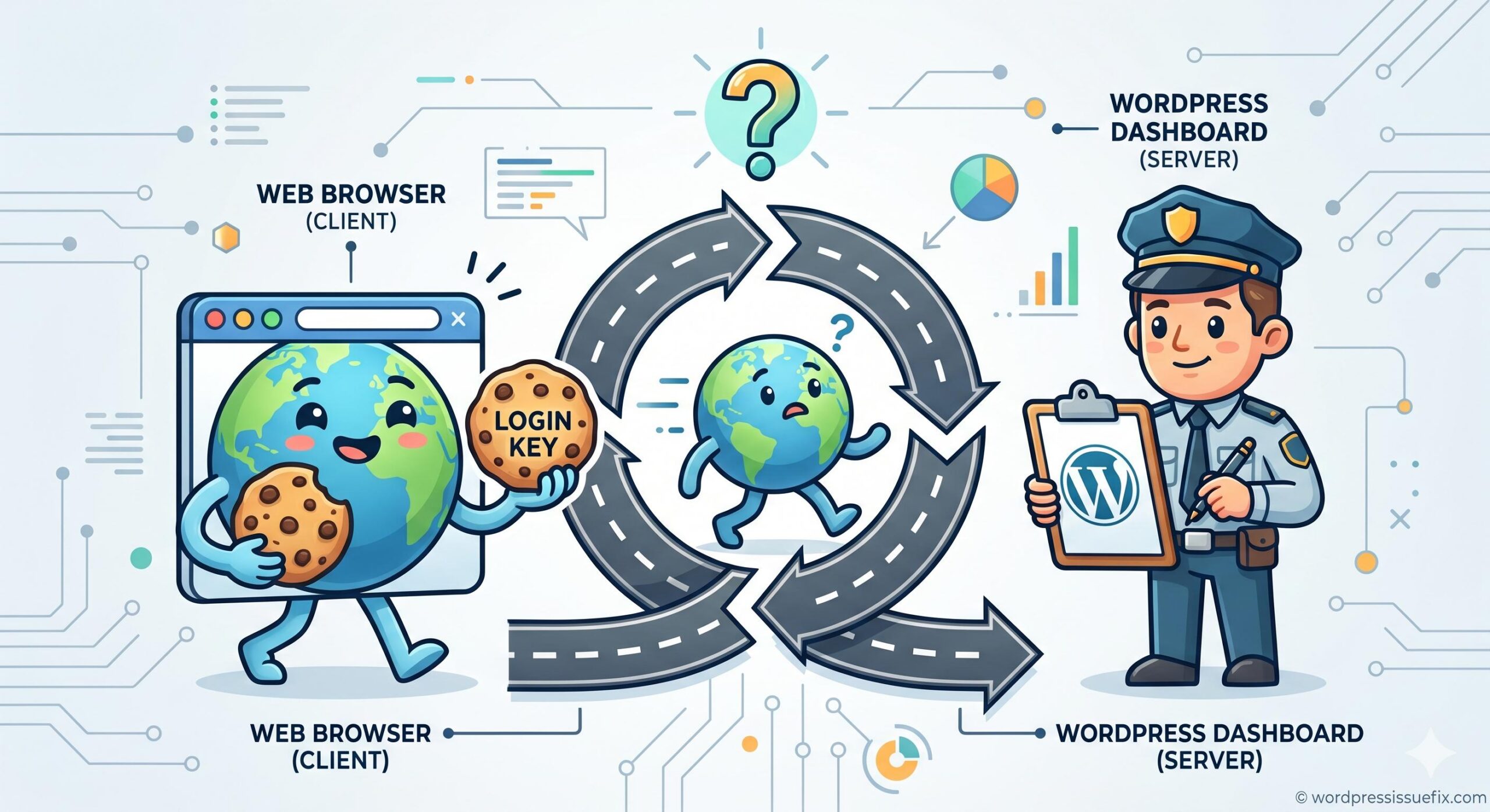 Diagram illustrating broken cookie communication causing a login redirect loop.