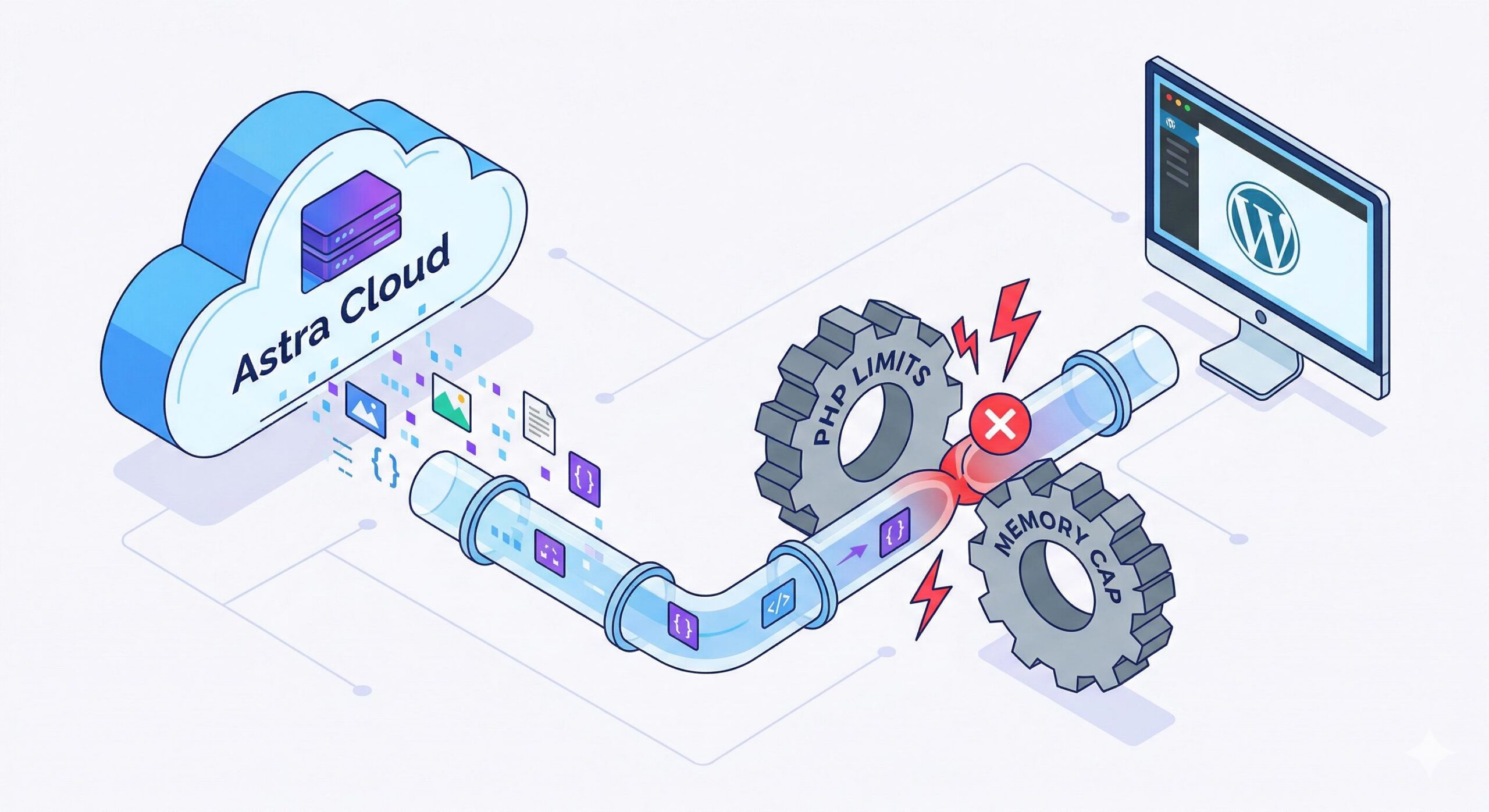 Diagram showing server limits blocking Astra data import to WordPress.
