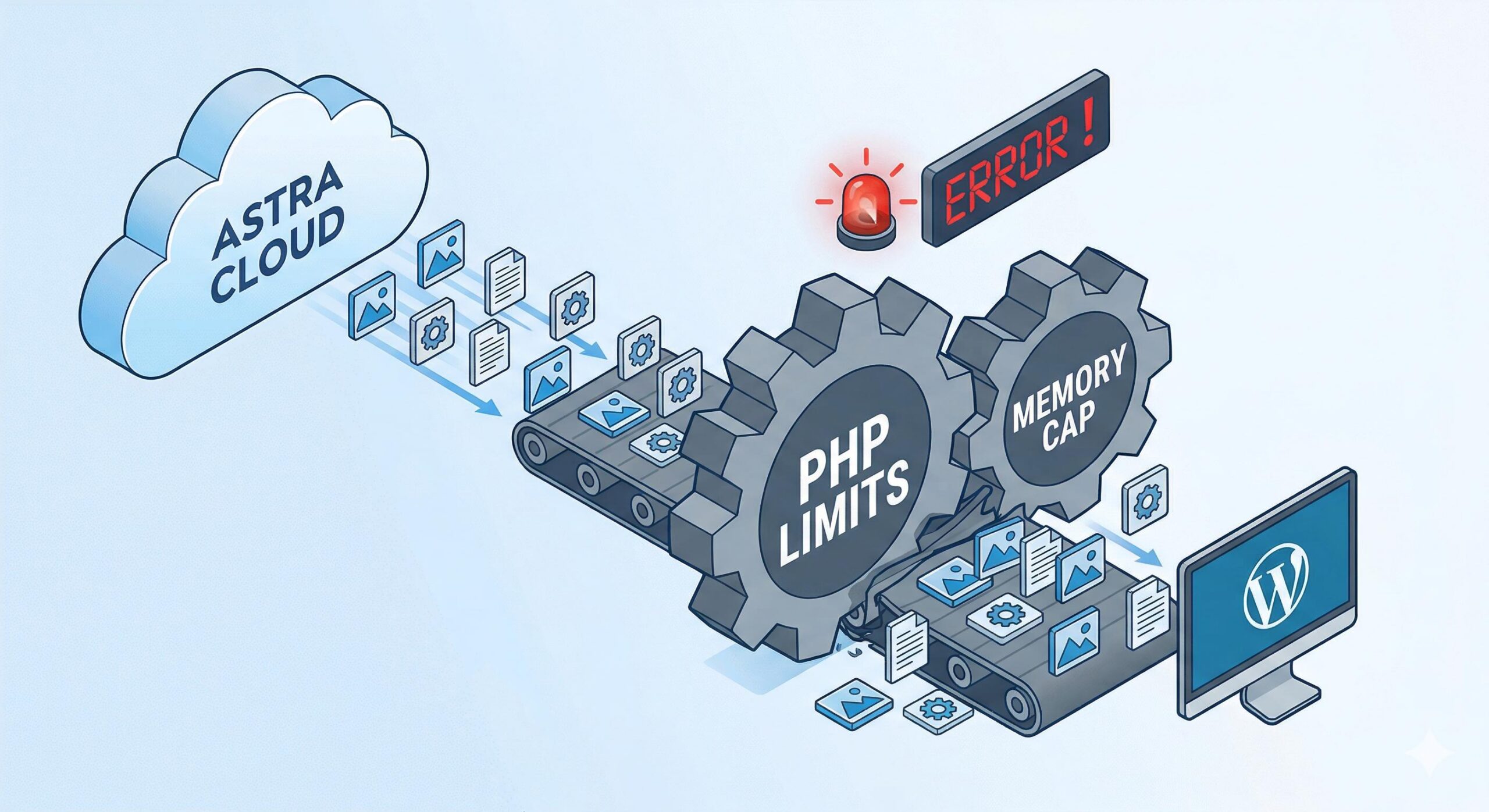 Diagram showing server limits blocking Astra data import to WordPress. (1)