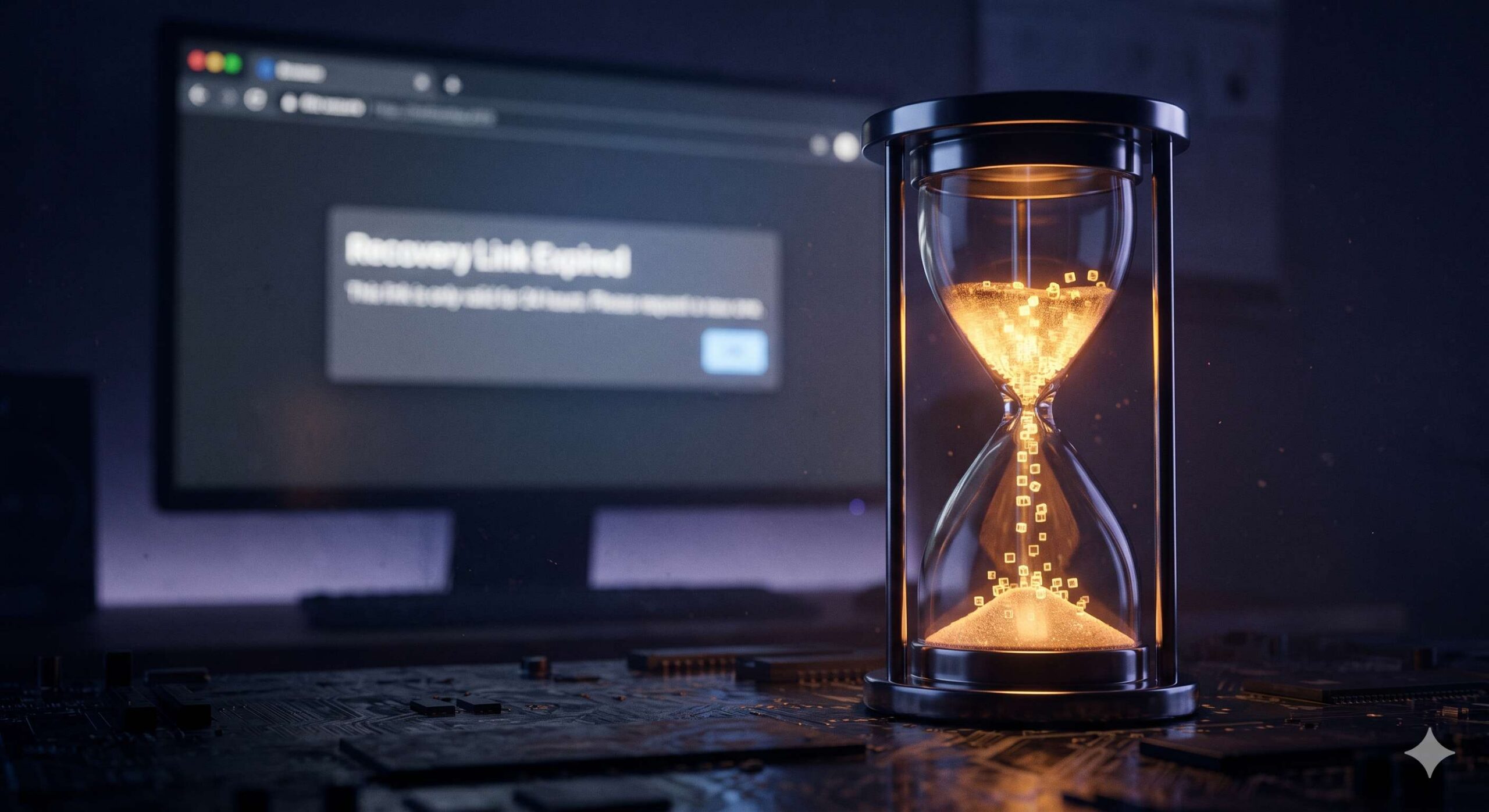 Digital hourglass next to an expired link message.