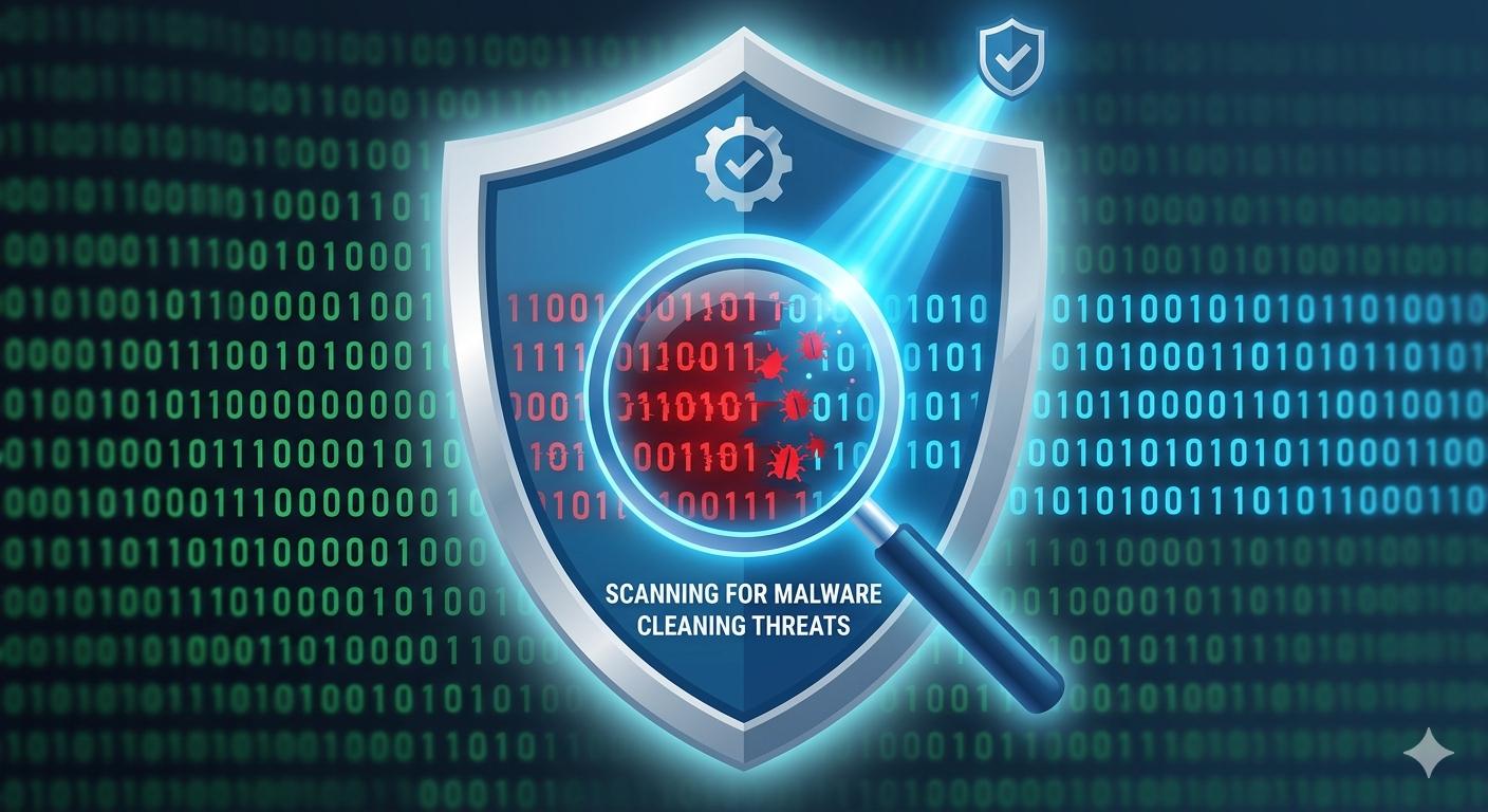 Digital security shield icon scanning code and removing malicious files from a WordPress site.