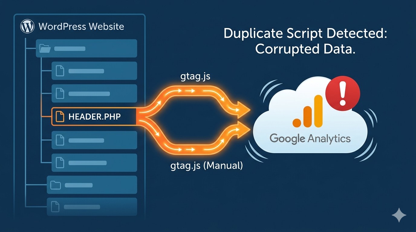 Flowchart showing duplicate Google Analytics scripts being injected into a WordPress header, confusing the data.