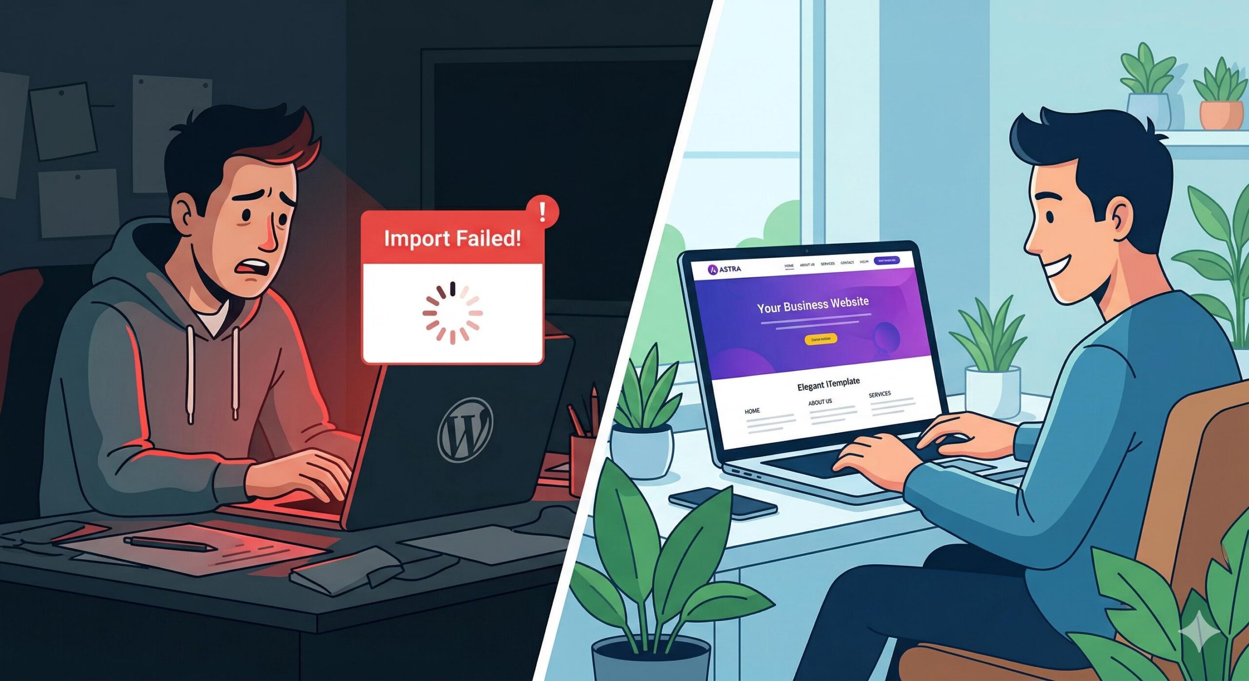 Frustrated blogger looking at a WordPress Astra import failure on a laptop.