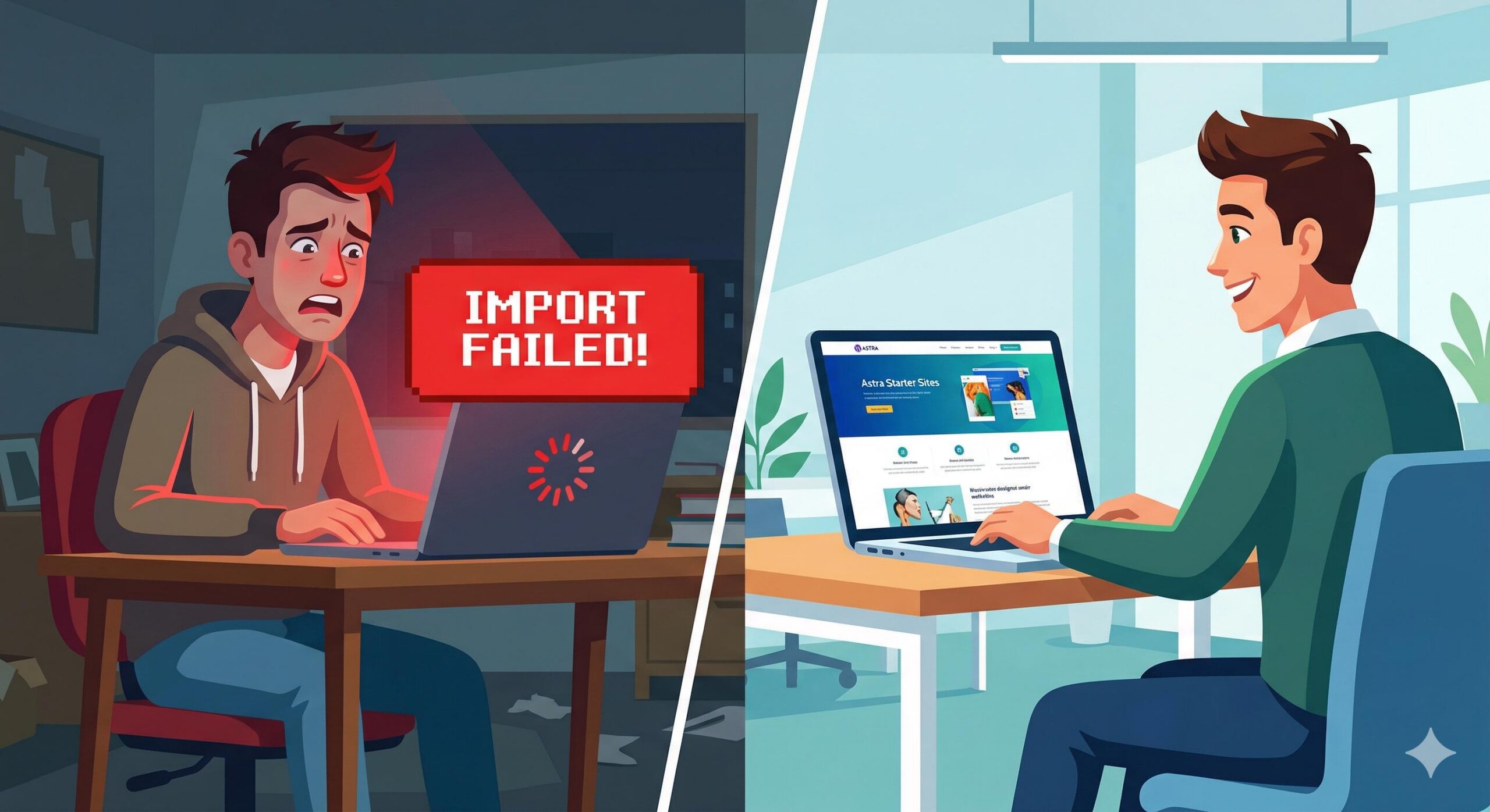 Frustrated blogger looking at a WordPress Astra import failure on a laptop. (1)