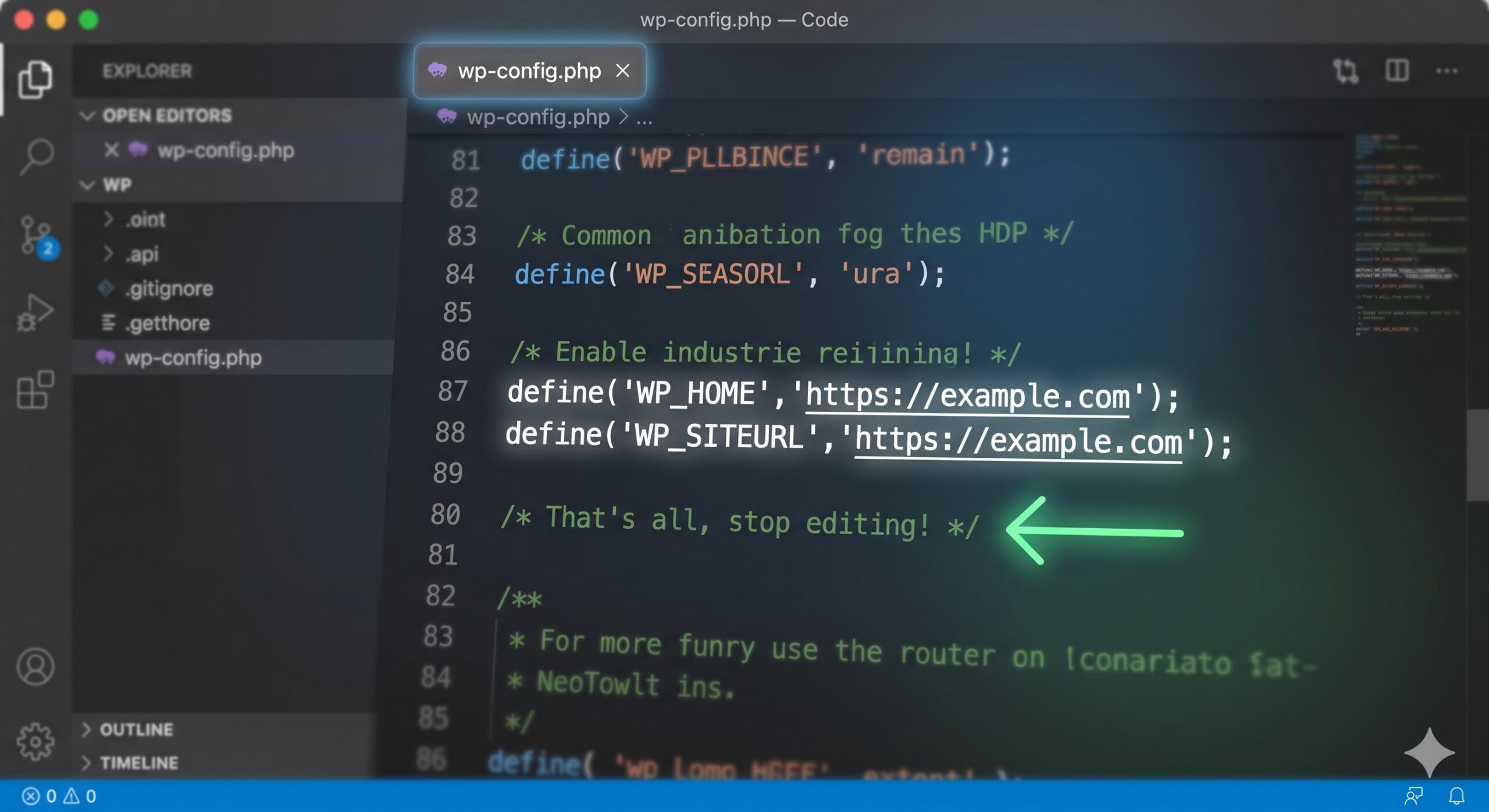 Highlighting where to paste the define WP_HOME and WP_SITEURL code into wp-config.php.