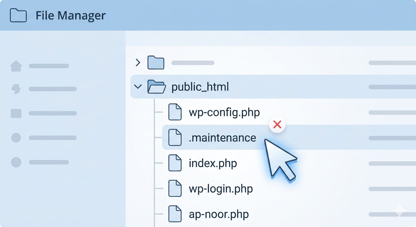 Illustrated guide showing how to locate and delete the .maintenance file inside a hosting File Manager.