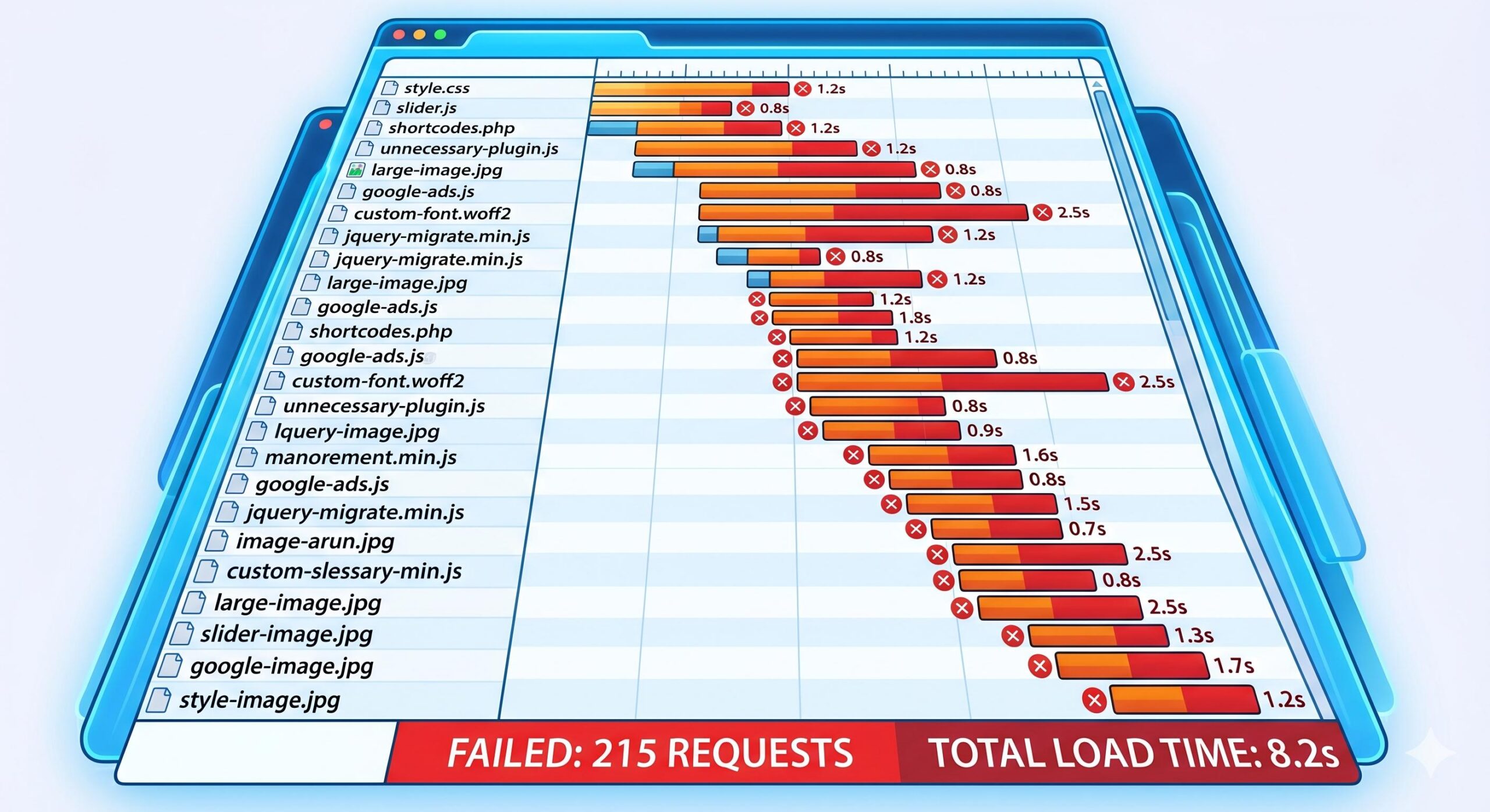 Illustrated waterfall chart showing a WordPress theme loading too many unnecessary files.