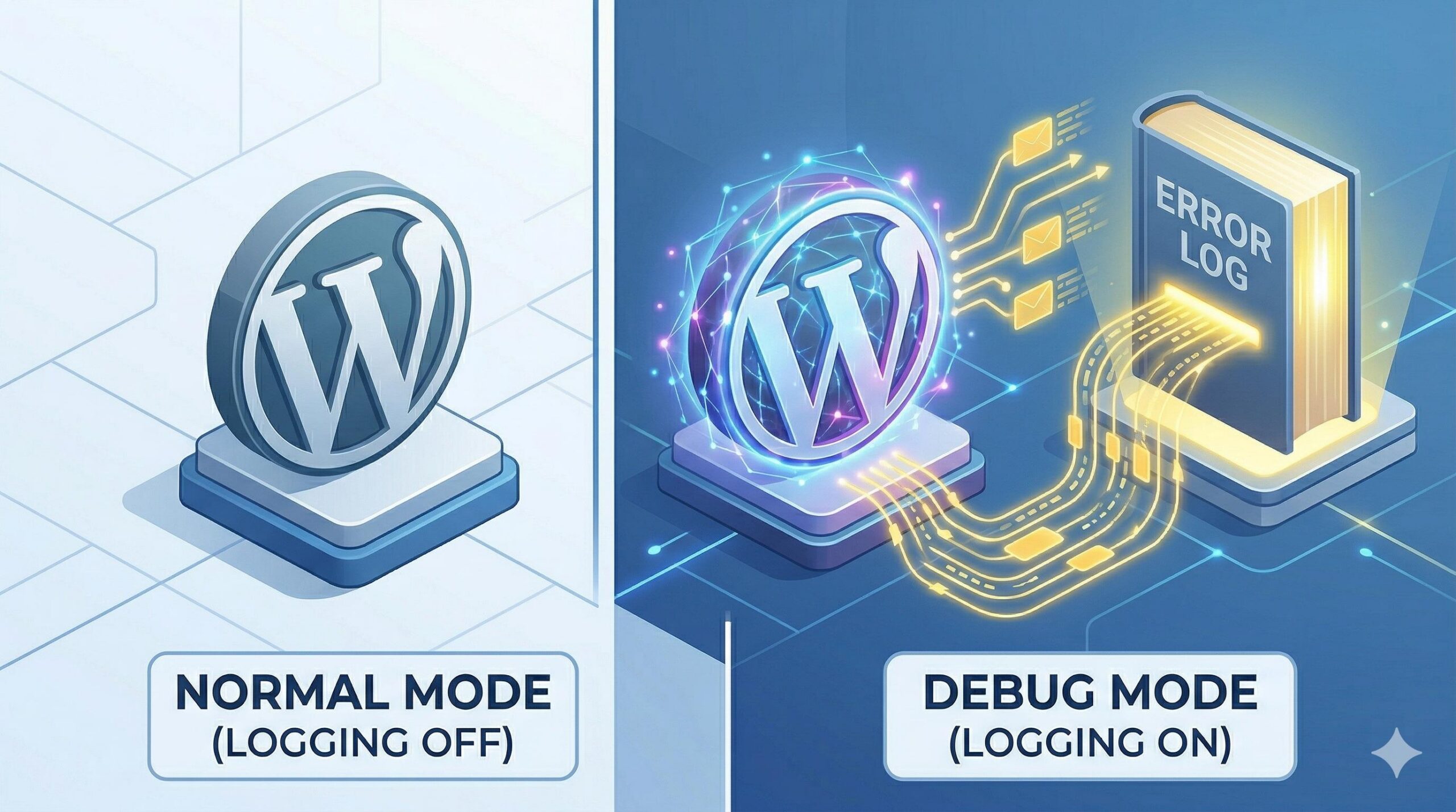 Illustration comparing WordPress normal mode and active debugging mode.