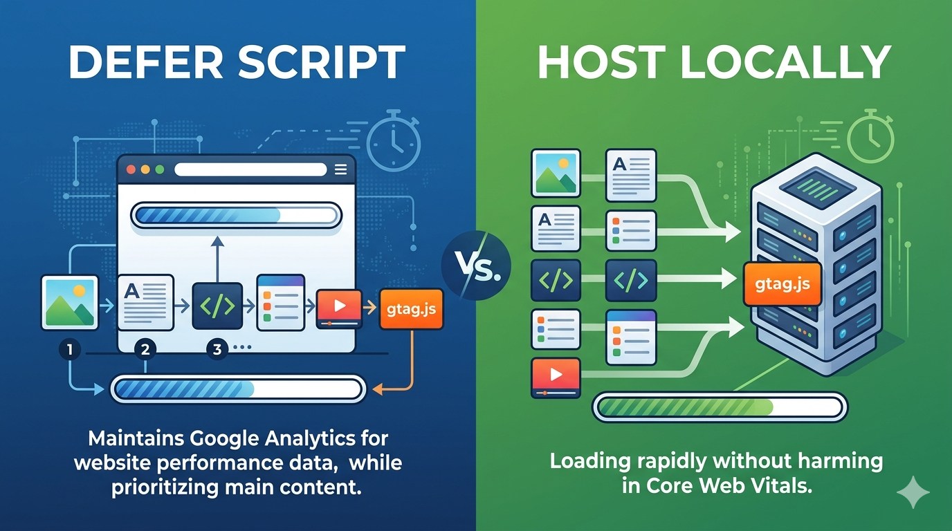Illustration comparing deferring the Google Analytics script to hosting it locally on the WordPress server.
