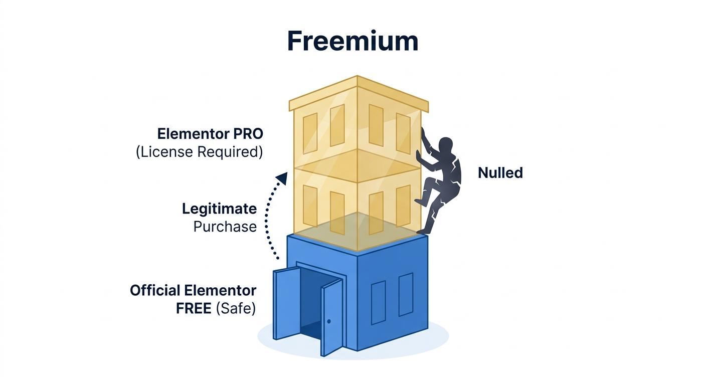 Illustration comparing legitimate Elementor Free access to unlicensed Pro software.