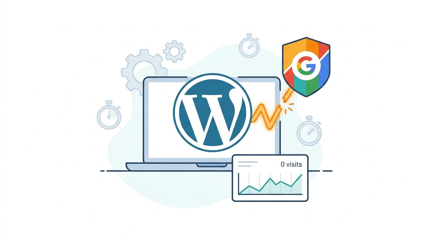 Illustration of a WordPress dashboard with a broken connection to a flatlining Google Analytics chart.