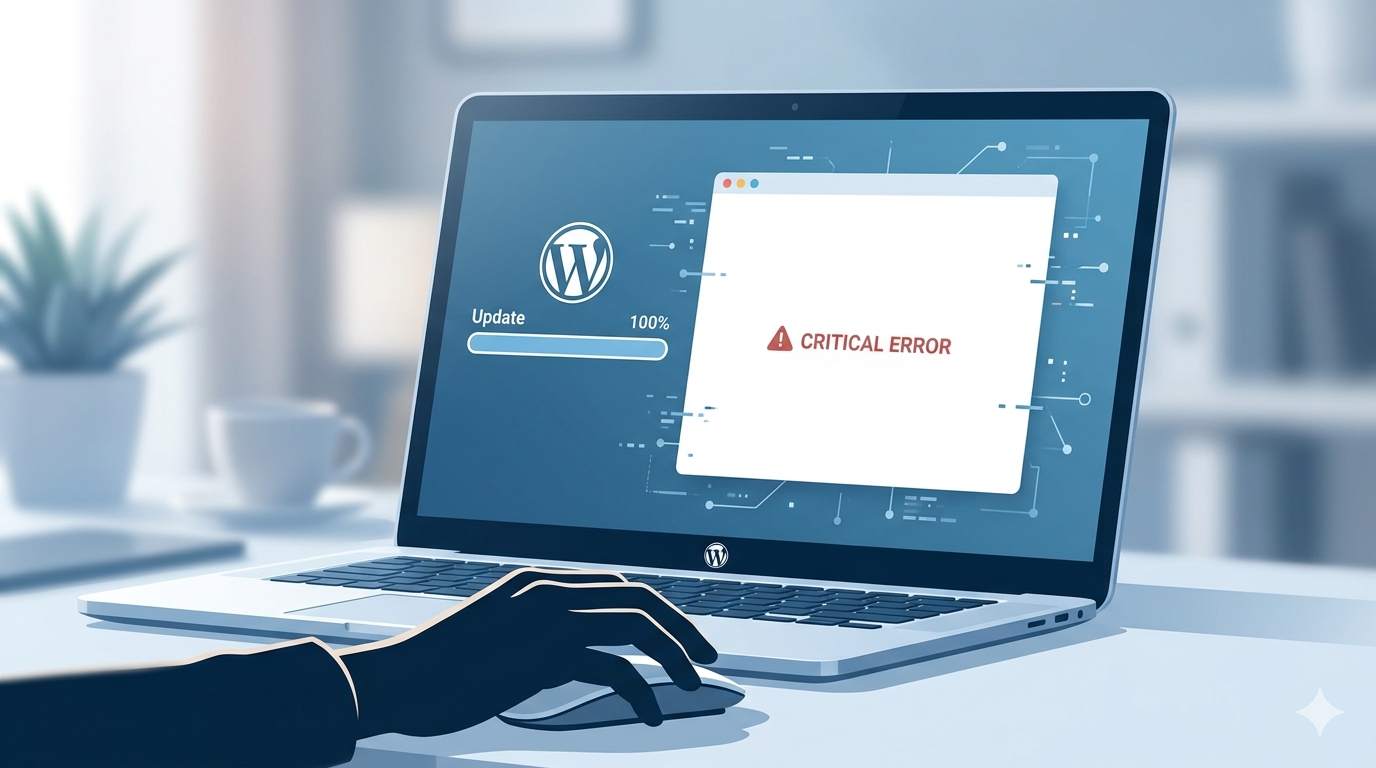 Illustration of a WordPress site dashboard showing a critical error message immediately after an update