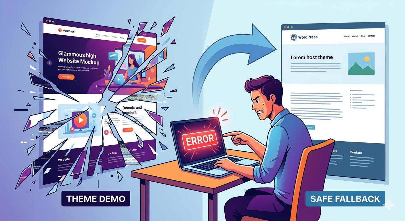 Illustration of a beautiful theme demo screen breaking and a user looking for a fix.