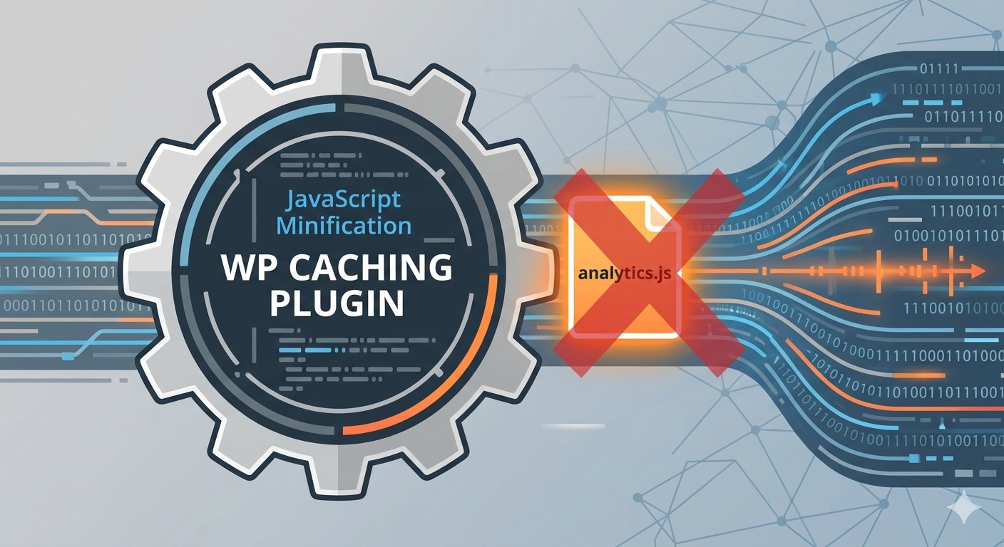Flowchart showing duplicate Google Analytics scripts being injected into a WordPress header, confusing the data.
