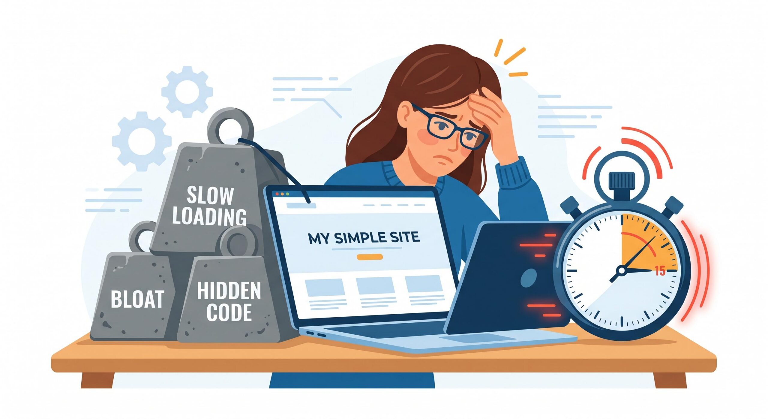 Illustration of a frustrated WordPress user with a slow, heavy _minimalist_ website.
