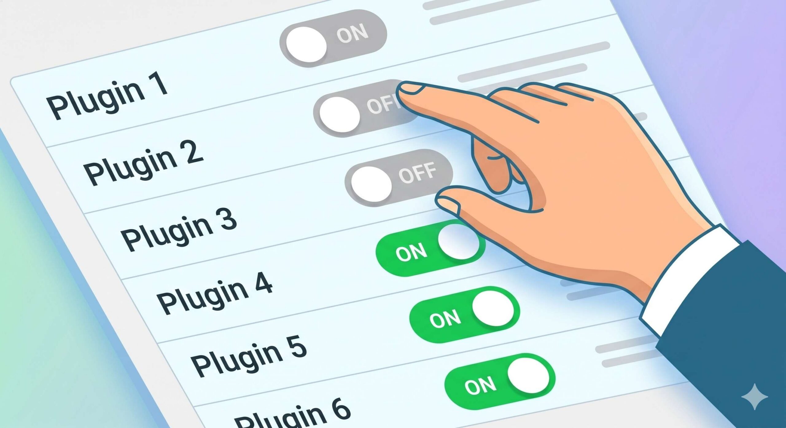 Illustration of a hand toggling off a series of switches labeled as different WordPress plugins.