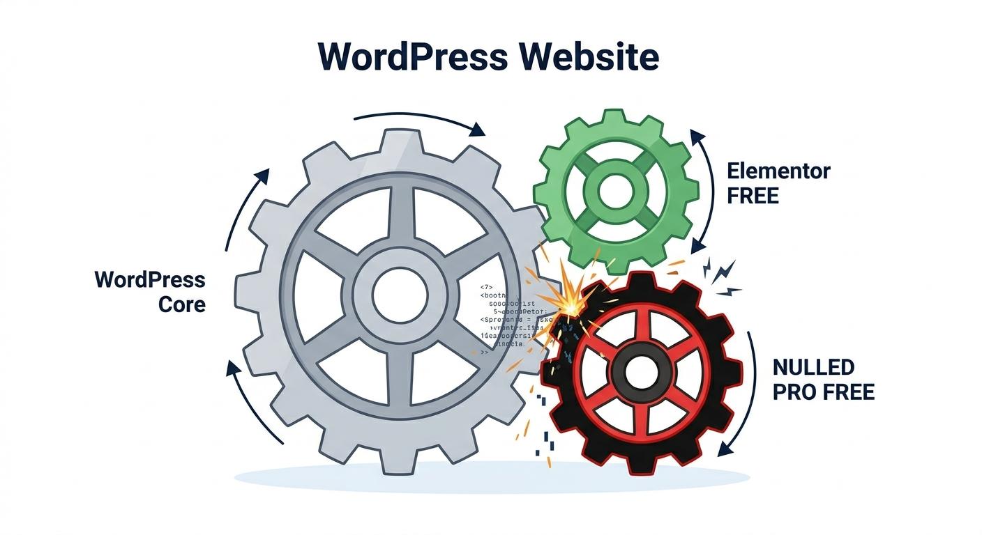 Illustration of a nulled plugin gear jamming WordPress core gears, causing a fatal crash.