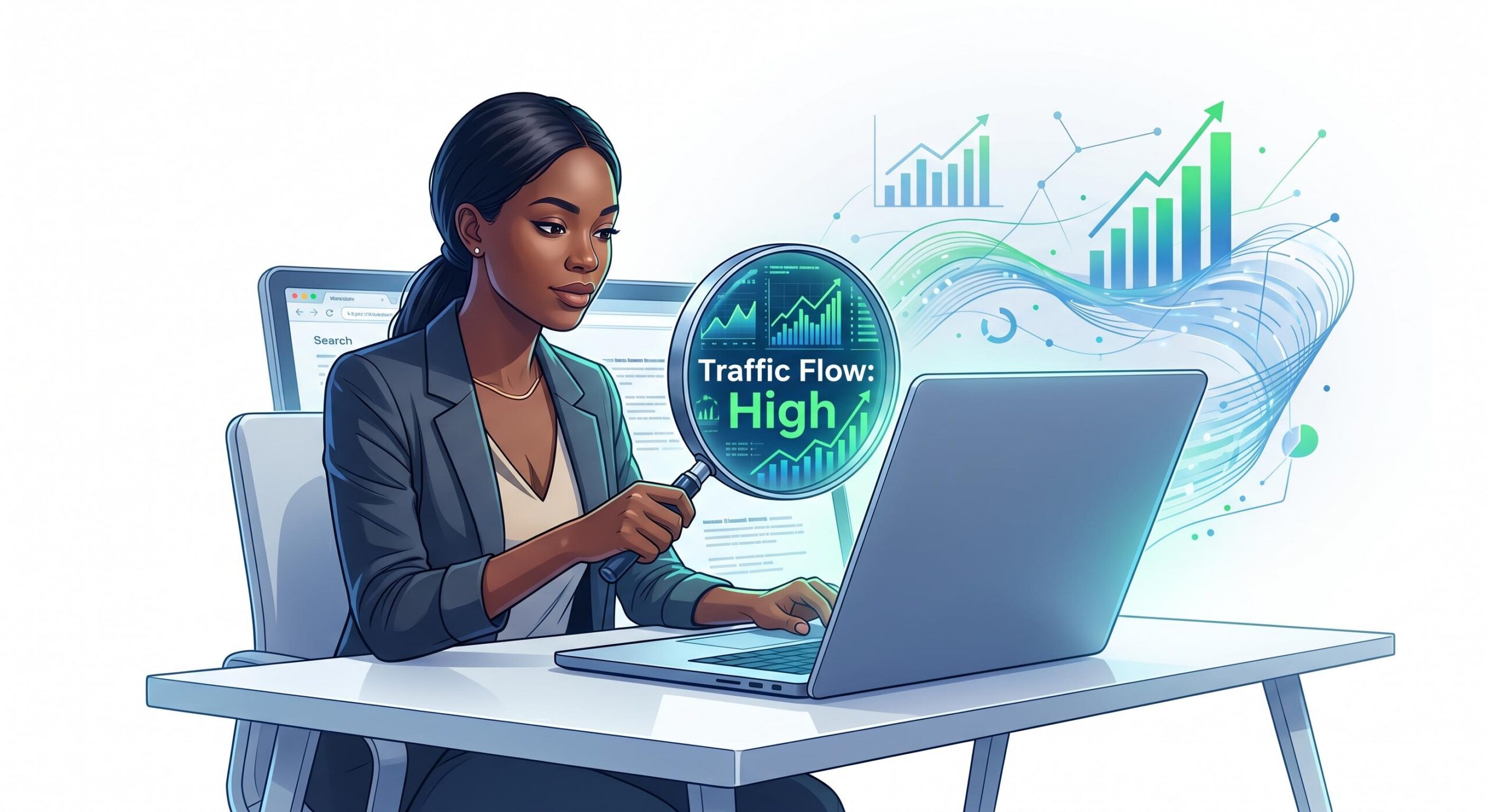 Illustration of a person using a magnifying glass to reveal traffic data on a website.
