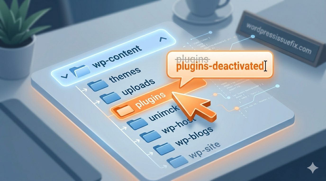 Illustration of a user renaming the WordPress plugins folder to plugins-deactivated using File Manager.
