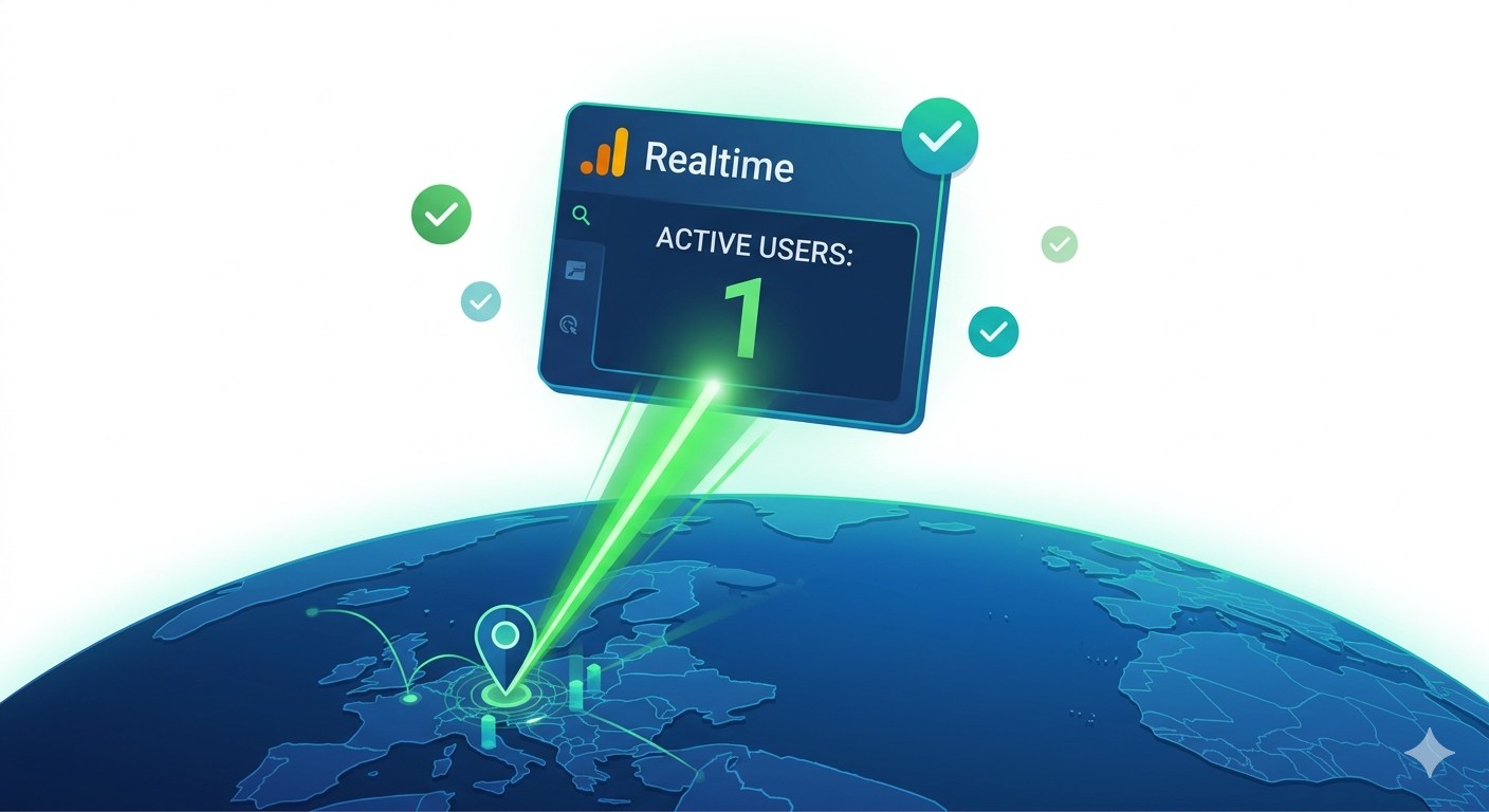 Illustration of an active user silhouette appearing on a real-time Google Analytics map, verifying the fix.