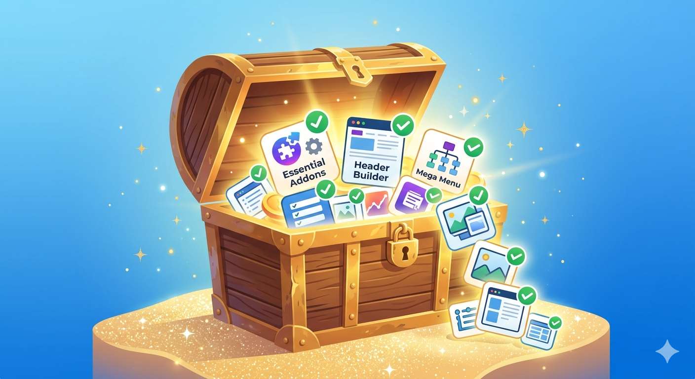 Illustration of an open treasure chest filled with safe, legal free Elementor add-on icons.
