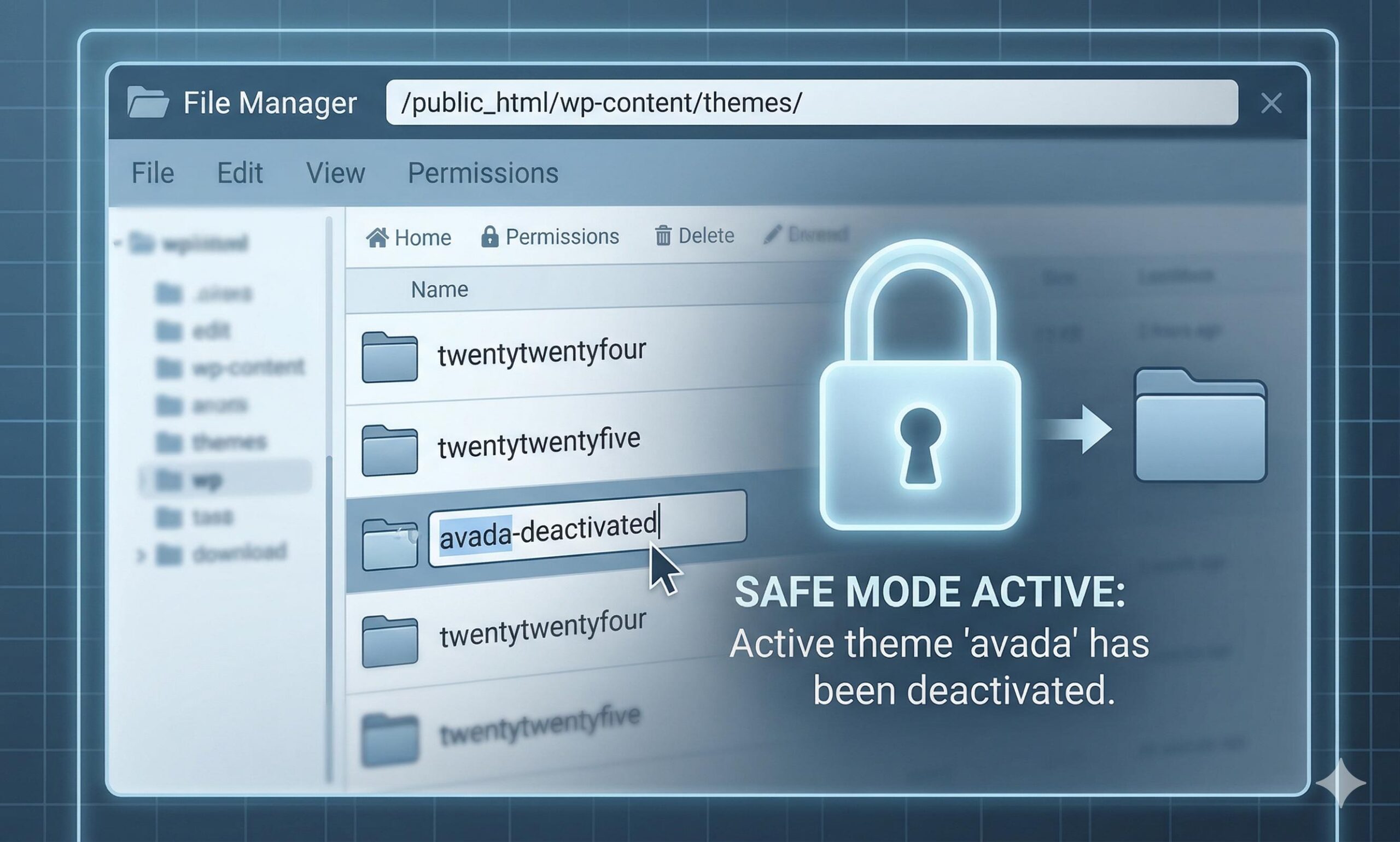 Illustration of renaming a WordPress theme folder in the hosting File Manager to force deactivation.
