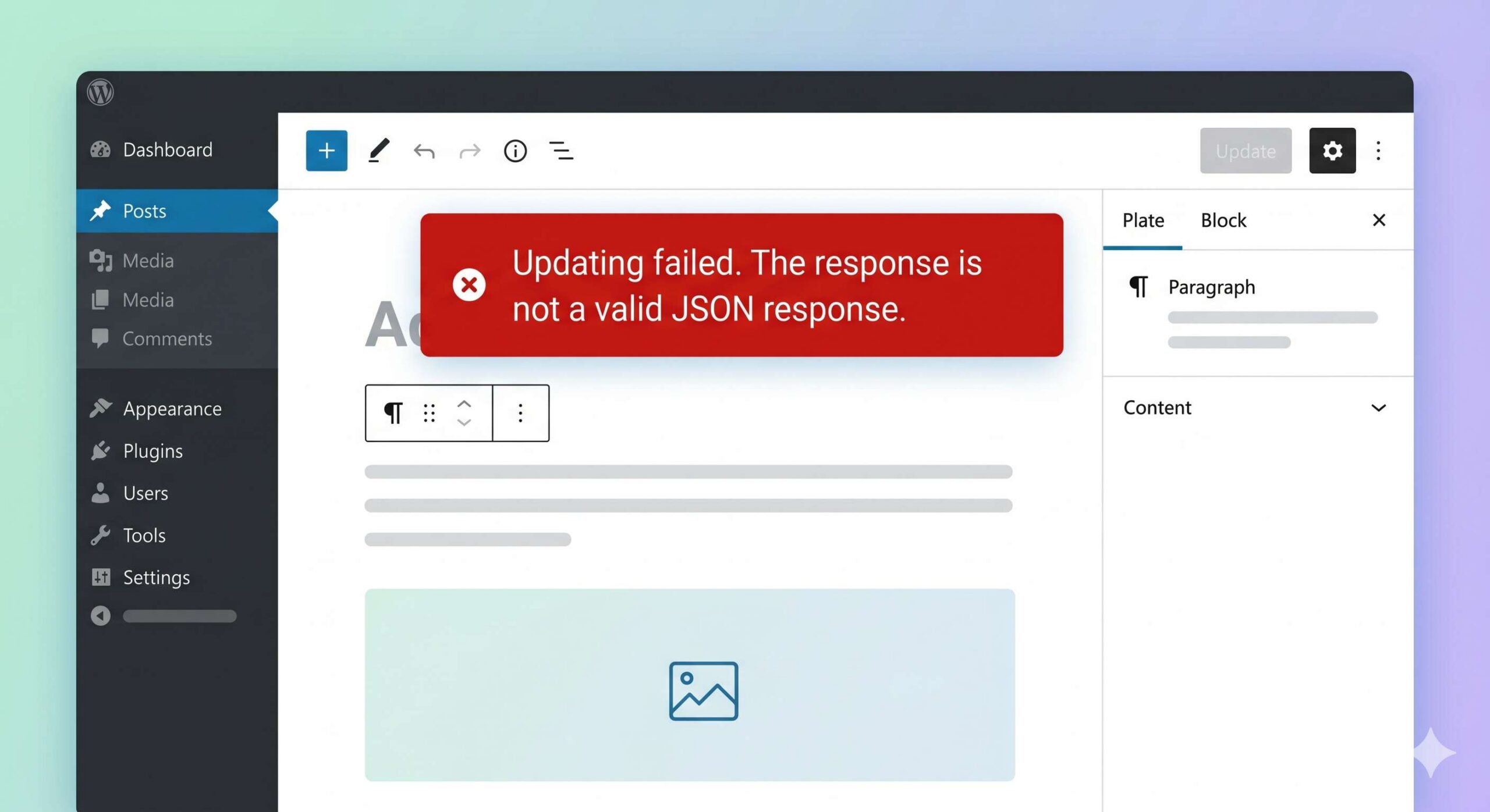 Illustration of the WordPress Gutenberg block editor with a red notification banner displaying a _not a valid JSON response_ error.