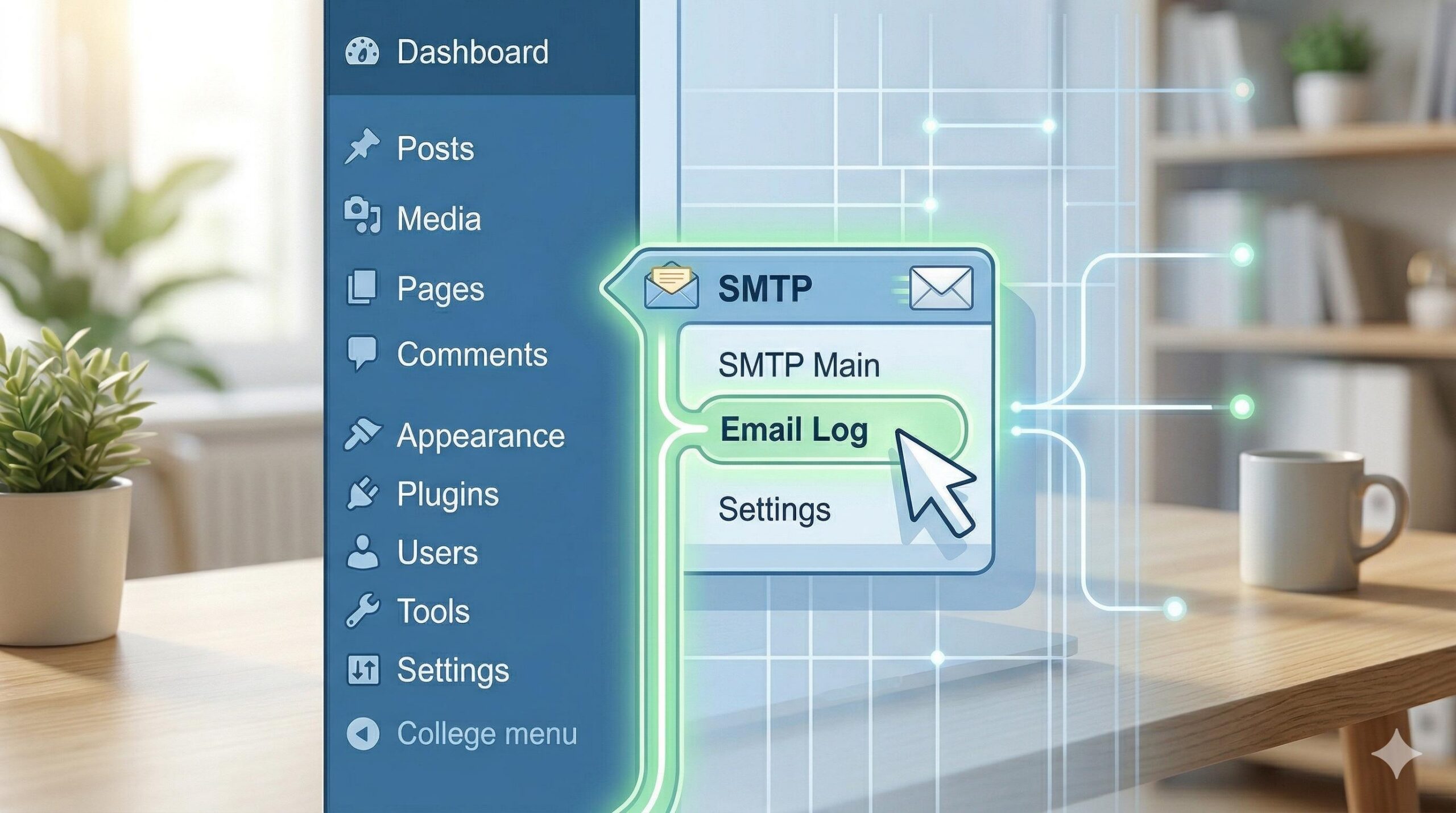 Illustration of the WordPress sidebar menu pointing directly to the Email Log location.