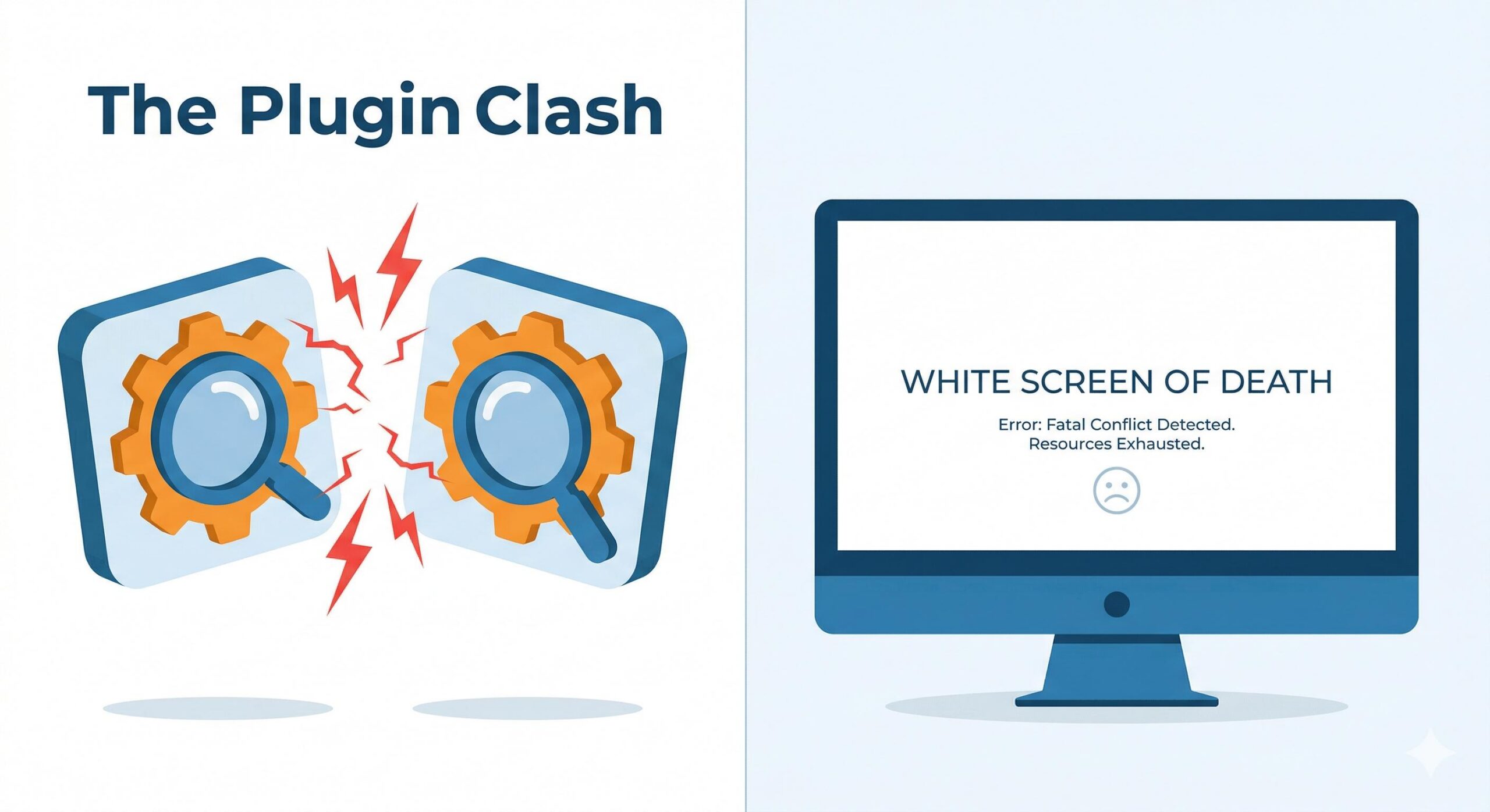 Illustration of two WordPress SEO plugins clashing, causing a site error.