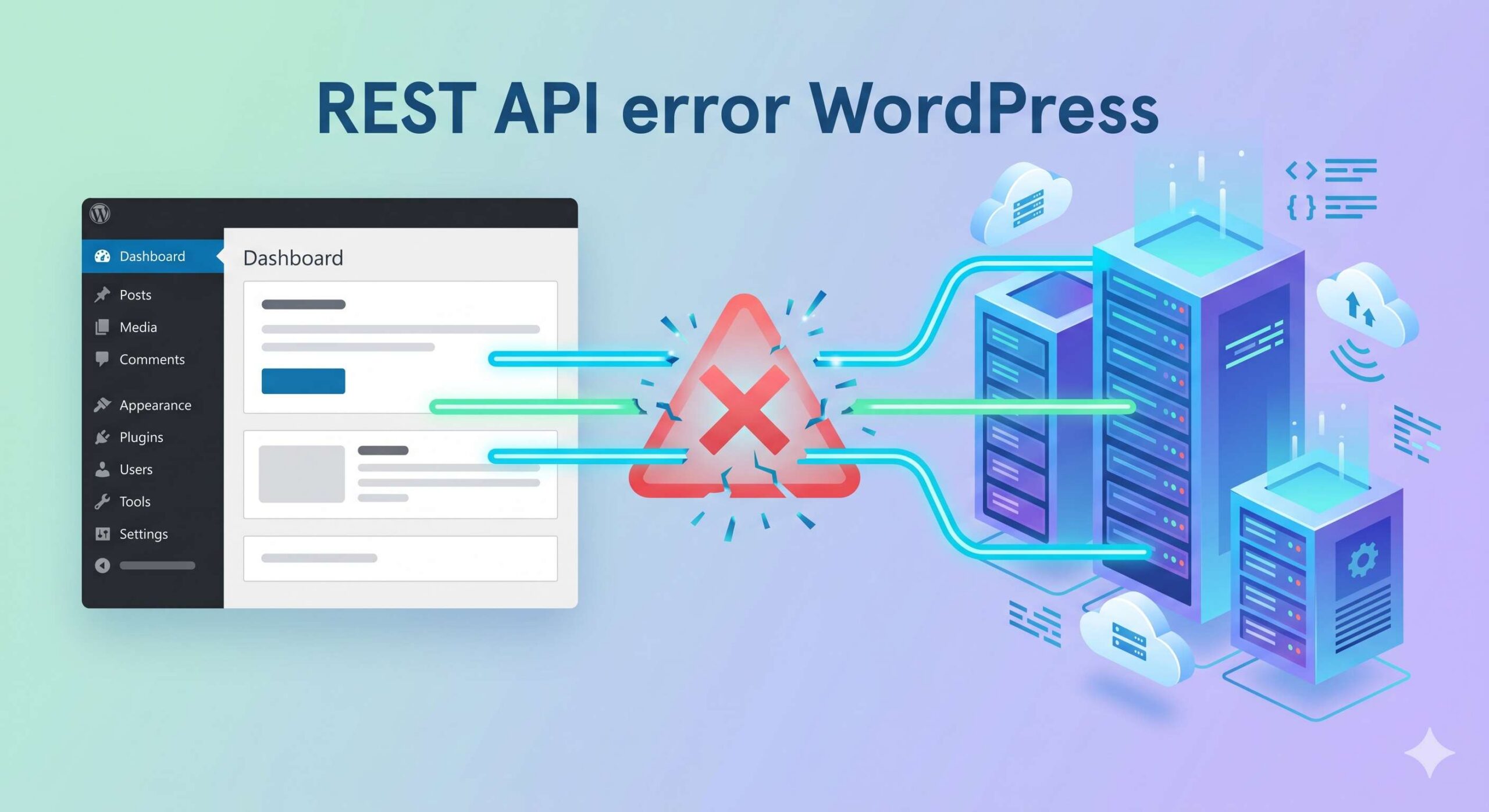 Illustration showing a broken digital connection between a WordPress dashboard and data servers, representing the REST API error.