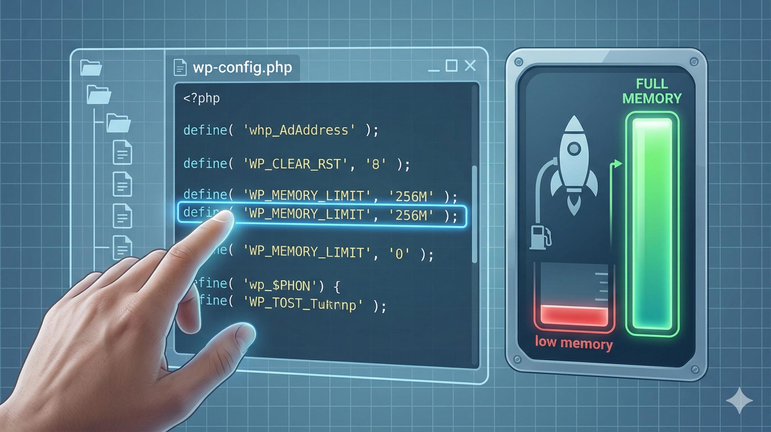 Illustration showing editing wp-config.php and increasing a server memory gauge.