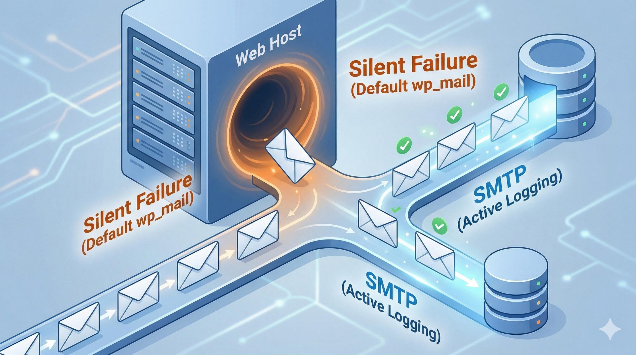 Illustration showing standard WordPress emails disappearing into a void without logging.