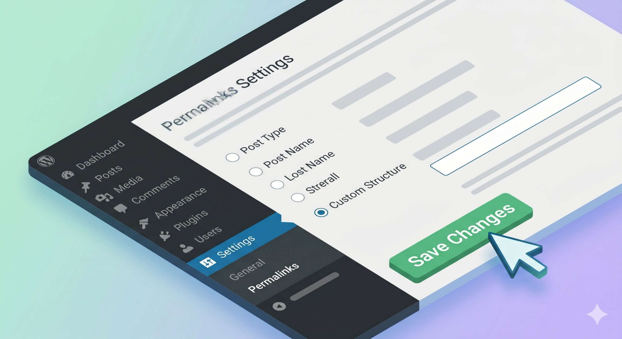 Illustration showing the WordPress Permalinks settings screen with a cursor clicking the _Save Changes_ button.