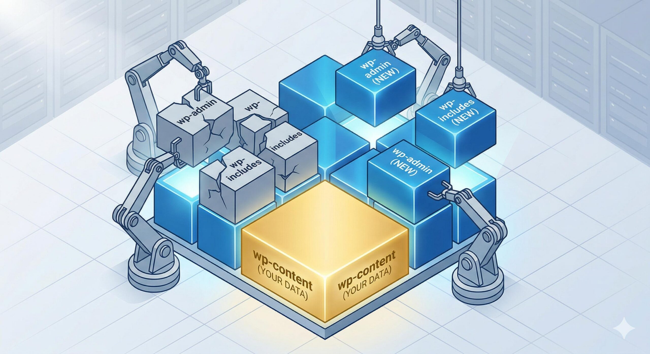 Illustration showing the safe replacement of WordPress core files while protecting the wp-content folder.