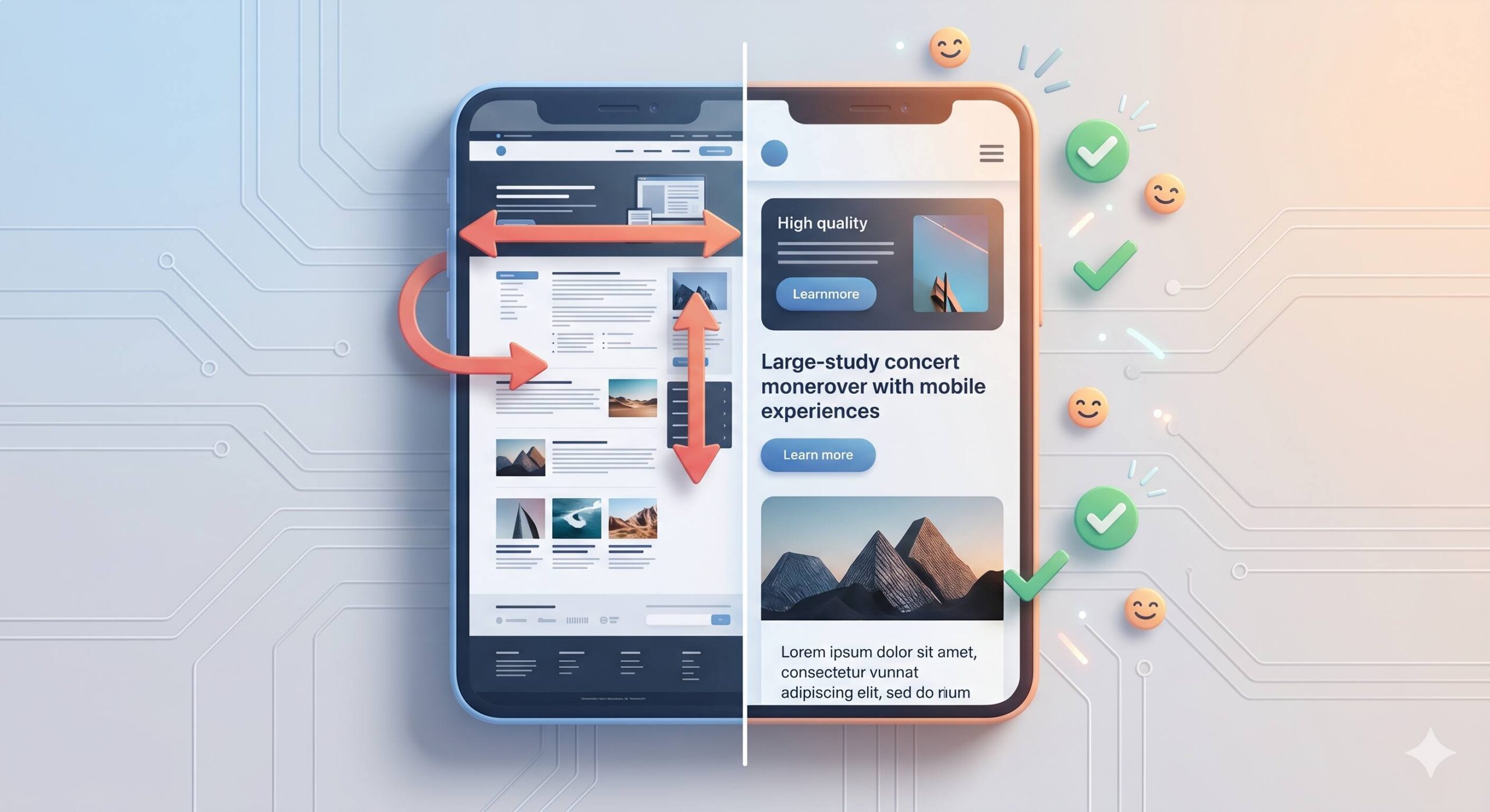 Illustrative 3D comparison conceptually showing a poorly scaled desktop site versus a perfectly reflowed and optimized mobile site on a smartphone screen for web design SEO.