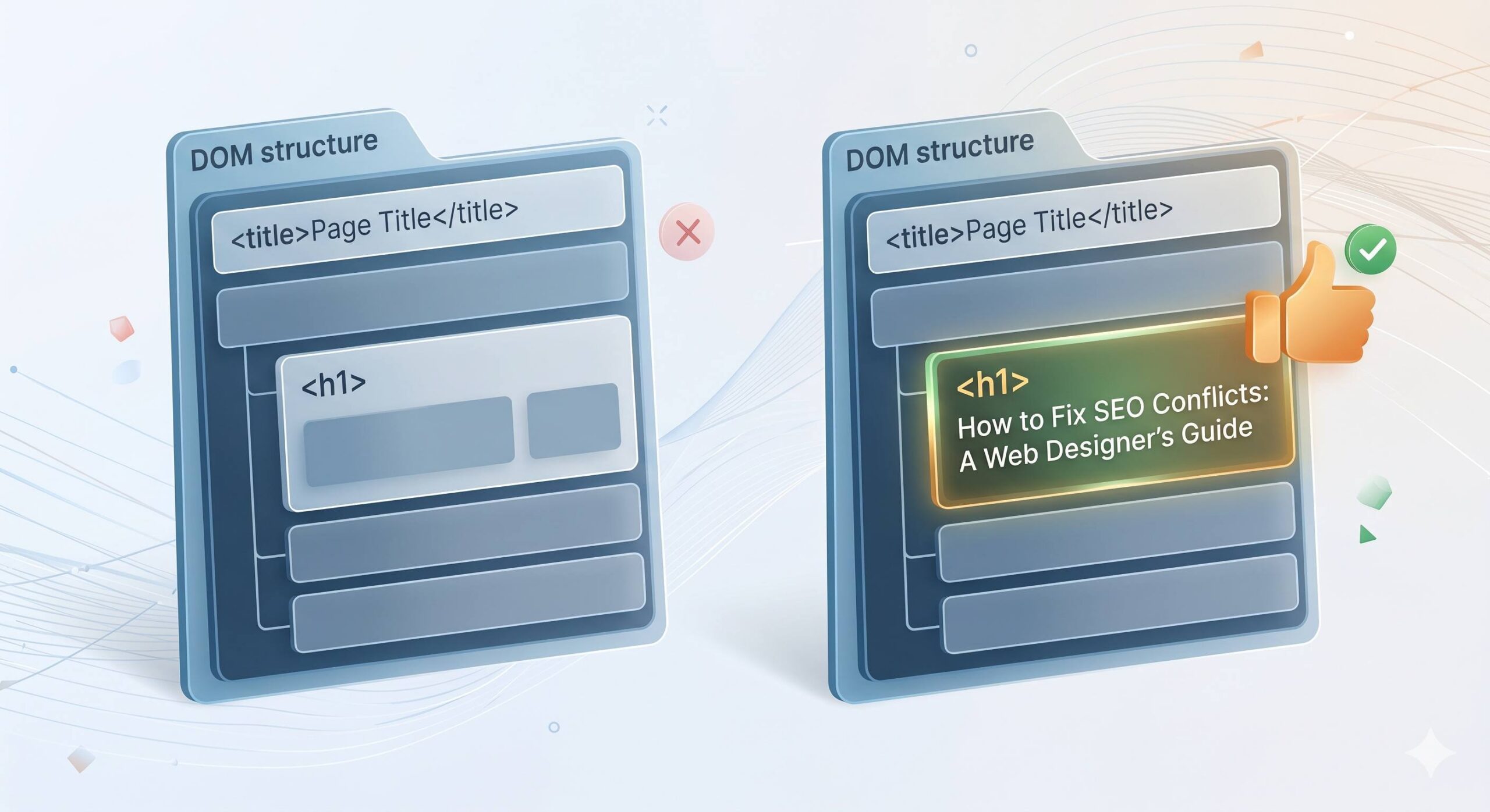 Illustrative 3D comparison conceptually showing a webpage structure without an H1 tag versus the same structure with a clearly defined and highlighted H1 tag for web design SEO fix. (1)