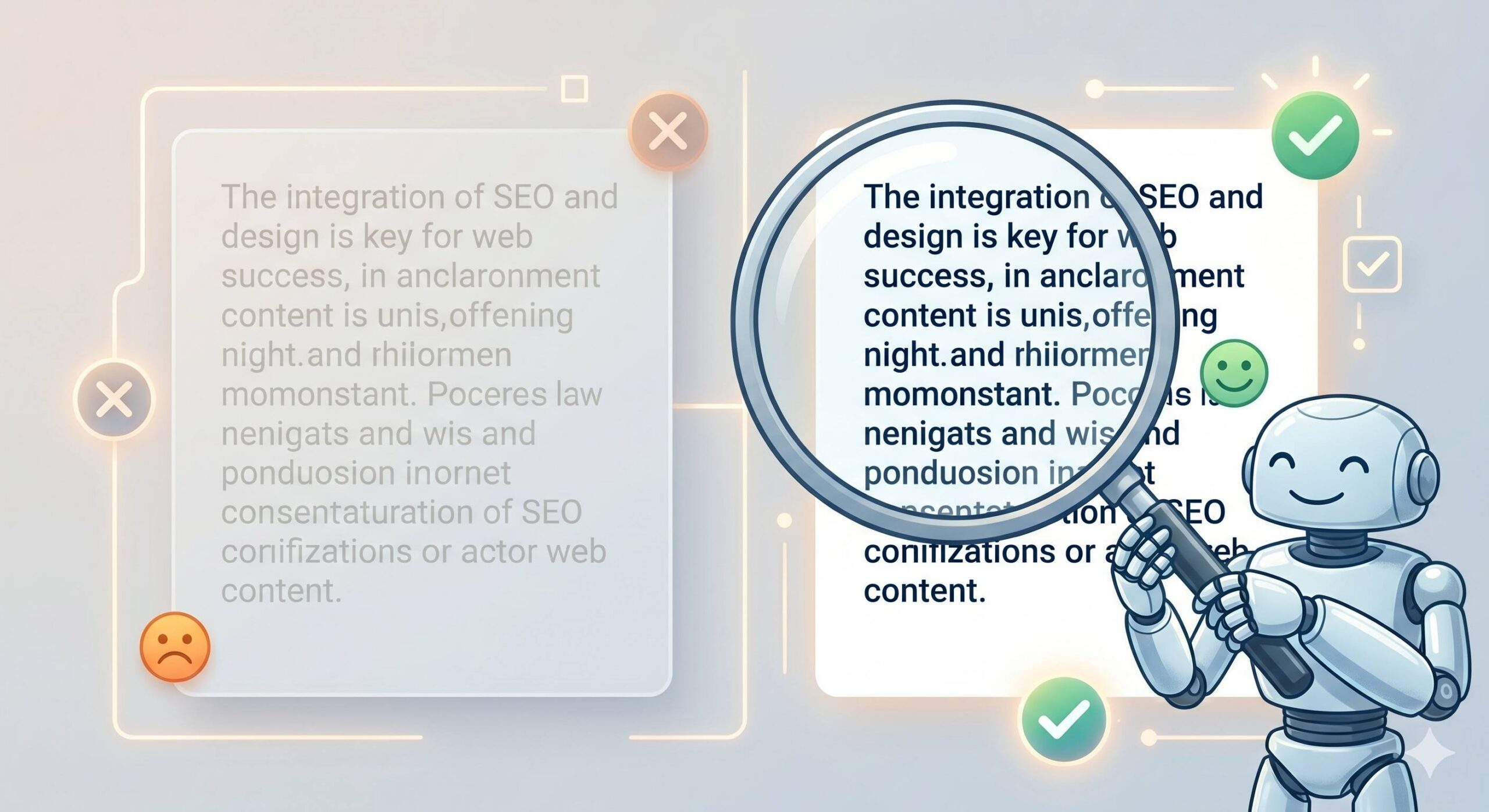 Illustrative 3D comparison conceptually showing unreadable low-contrast text versus clearly readable high-contrast text on a website for web design SEO visibility.