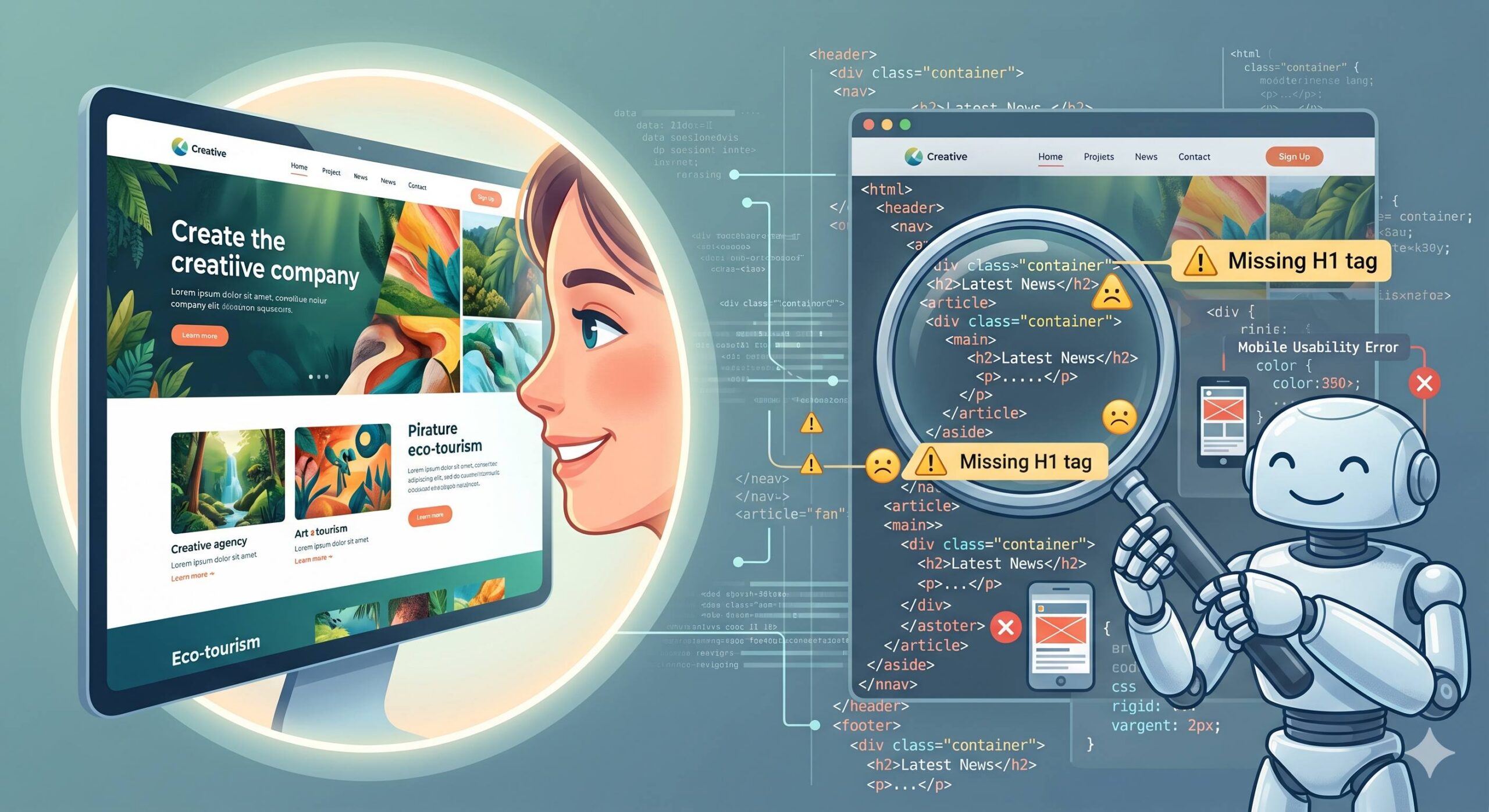 Illustrative graphic conceptually comparing a human's visually stunning view with a search bot's structural and error-flagged view of the same website for web design SEO symptoms.