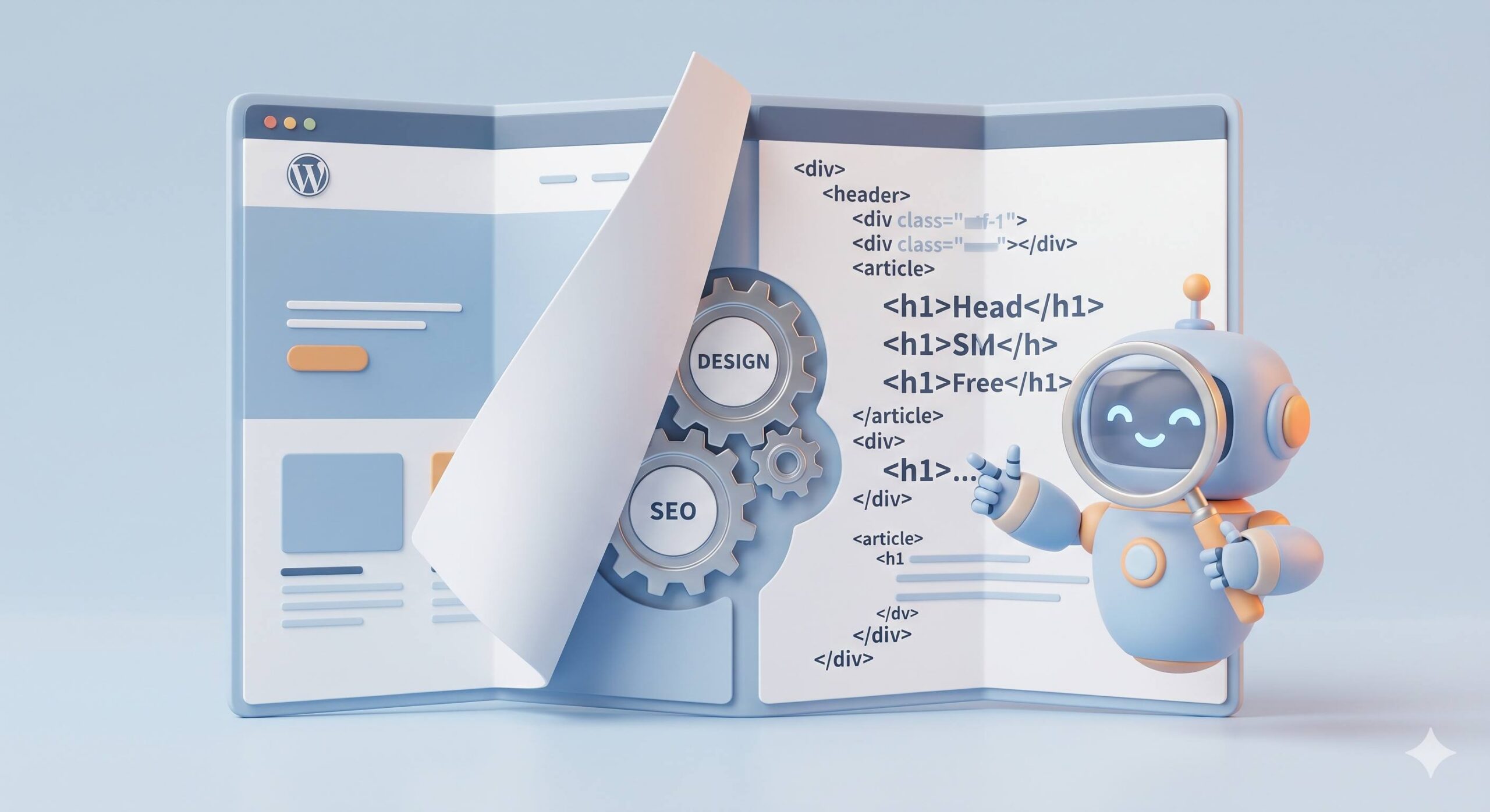 Illustrative hero image for an article on fixing the web design SEO conflict, depicting a friendly search robot inspecting clean code beneath a beautiful website design.