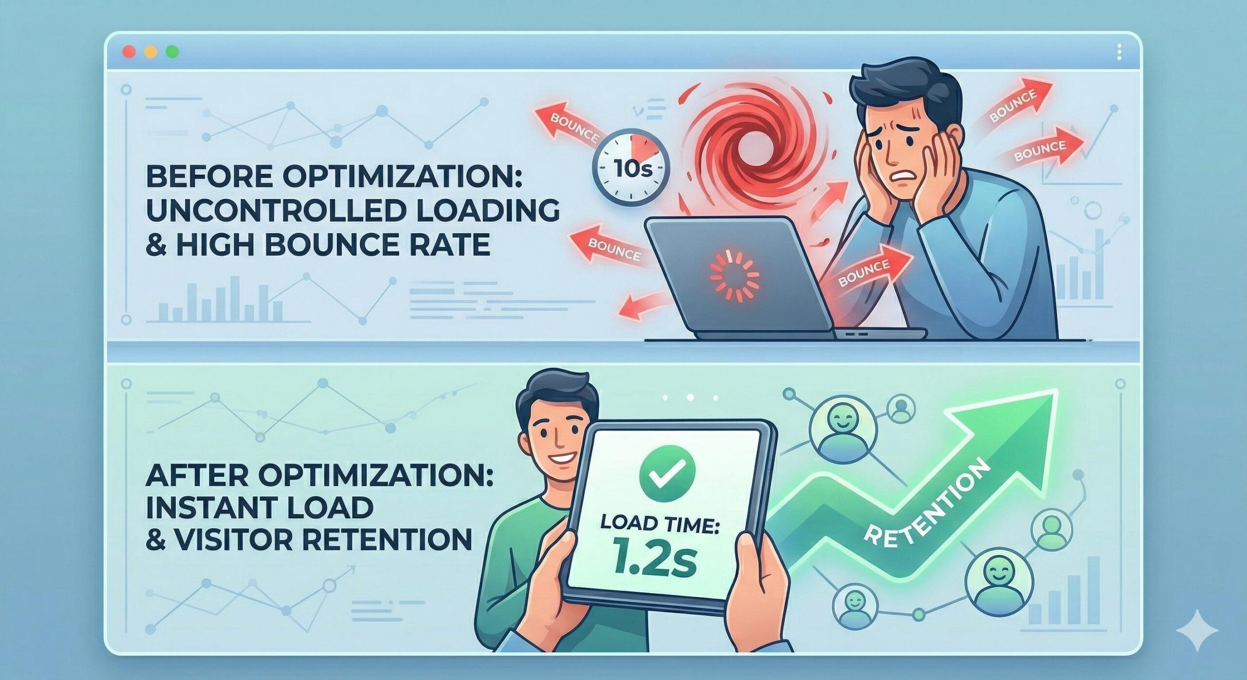 An infographic comparing traditional dynamic WordPress page creation to an optimized, fast static page delivery.