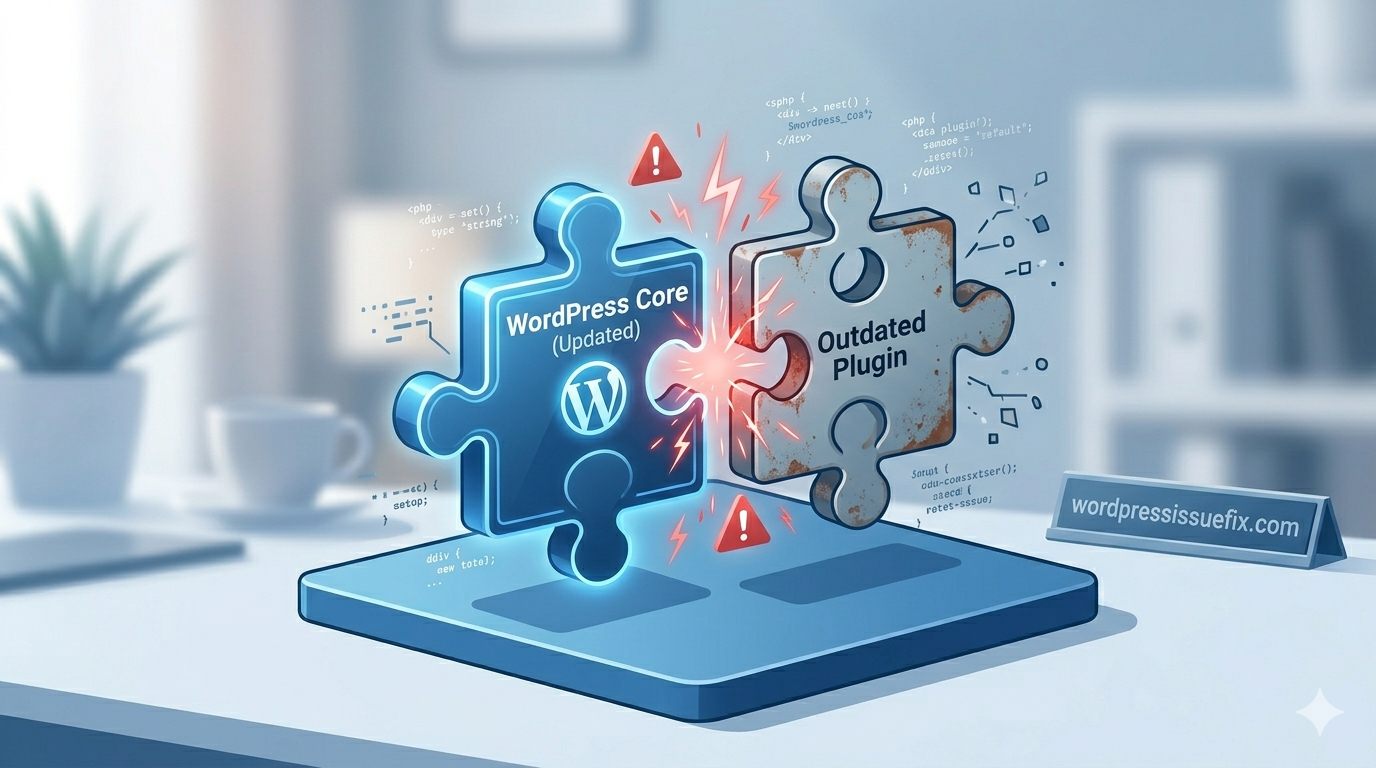 Isometric graphic showing an updated WordPress core piece unable to fit with an outdated plugin puzzle piece.