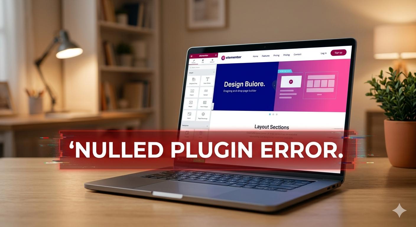 Laptop screen showing Elementor builder with nulled plugin error warning overlay.