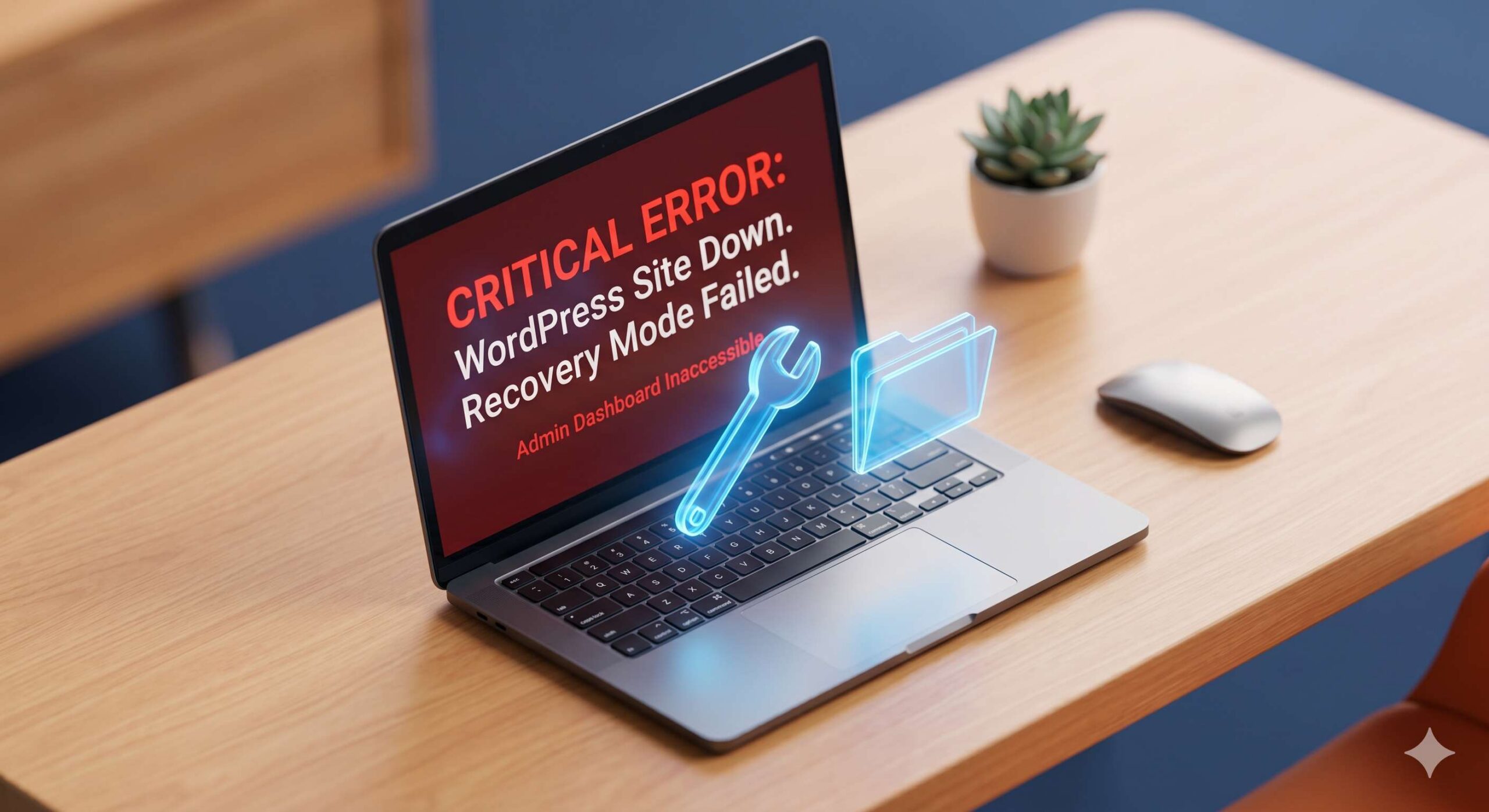 Laptop showing WordPress error with holographic repair tools.