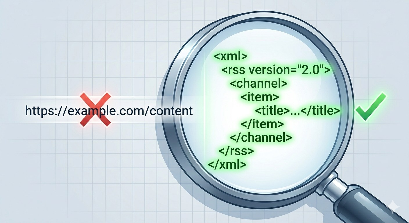 Magnifying glass verifying structured XML code versus a standard URL.