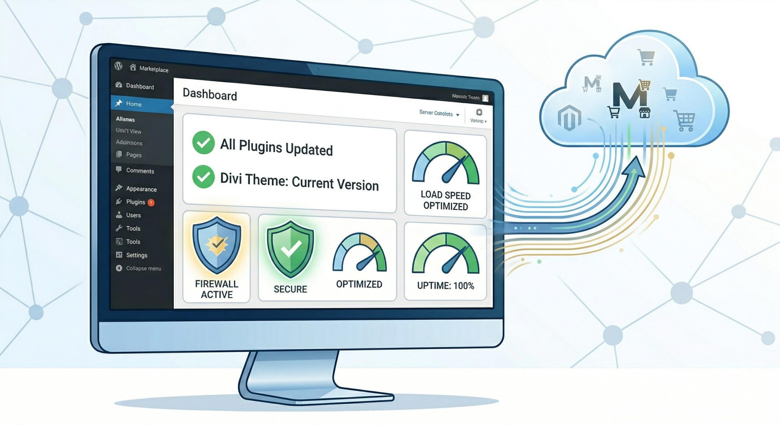 Modern illustration of a secure and optimized website dashboard with reliable marketplace connection.